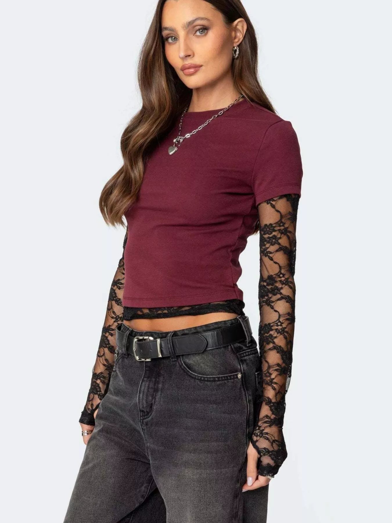 Cropped T-Shirt with Sheer Lace Sleeves