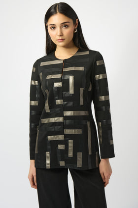 Scuba & Leatherette Collarless Jacket - 253929