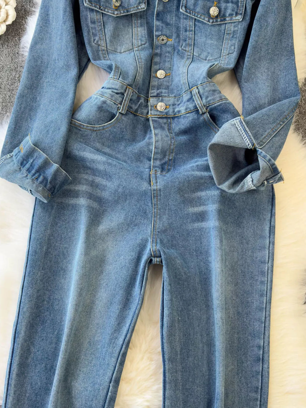 Button Front Wide Leg Denim Jumpsuit