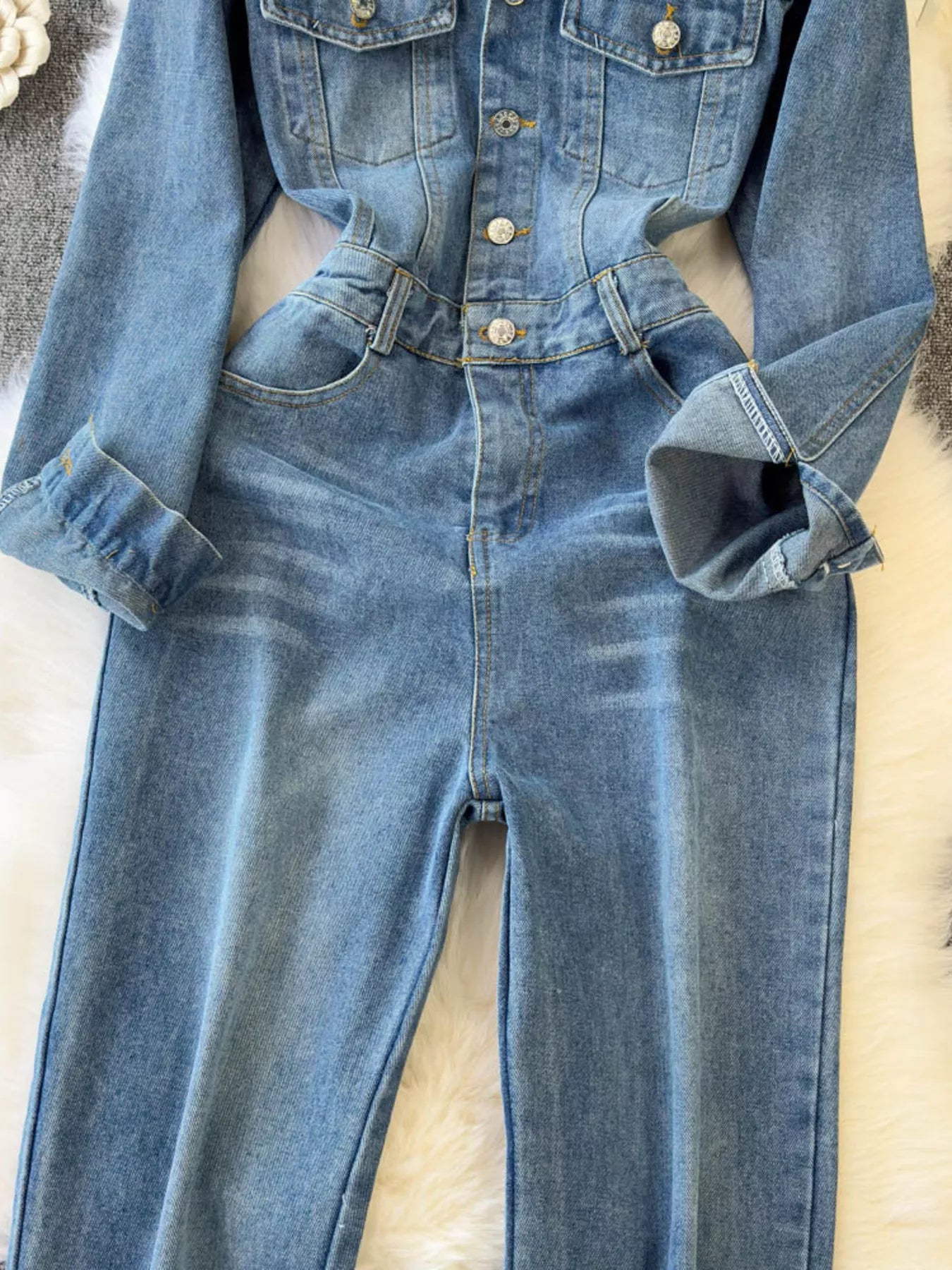 Button Front Wide Leg Denim Jumpsuit