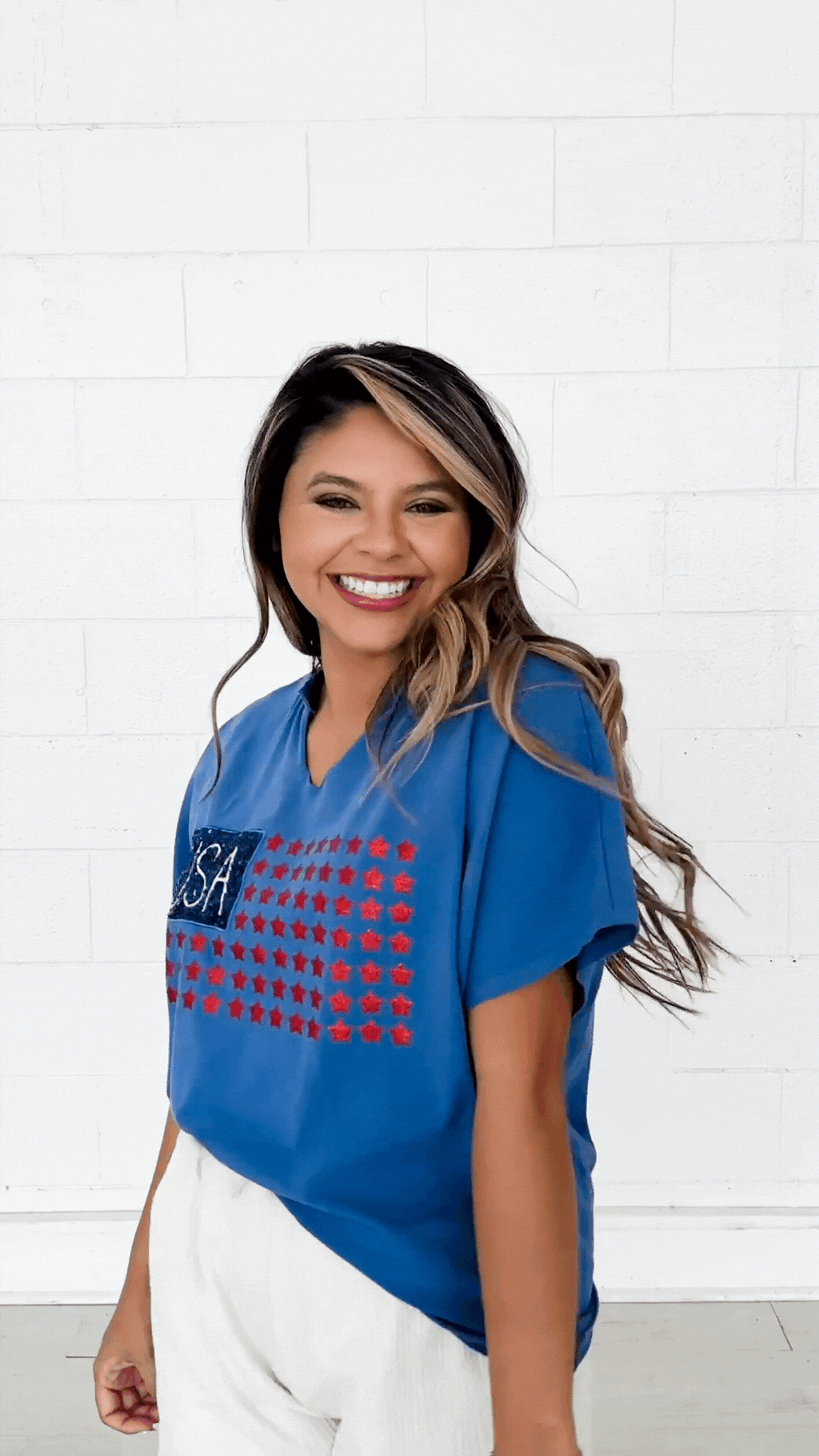 Grace+Emma USA Flag Glitter Stars Top — ladies tops category context