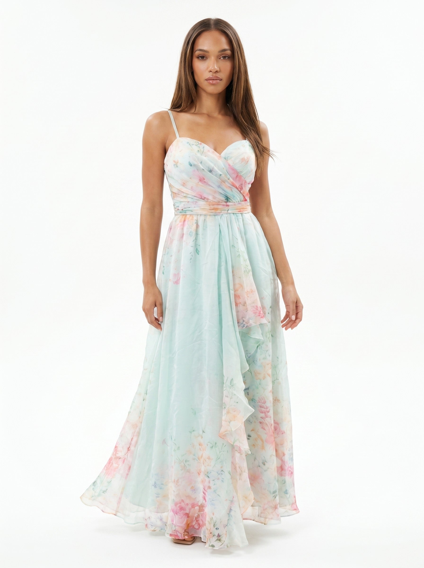 Ethereal Watercolor Floral Sweetheart Chiffon Gown