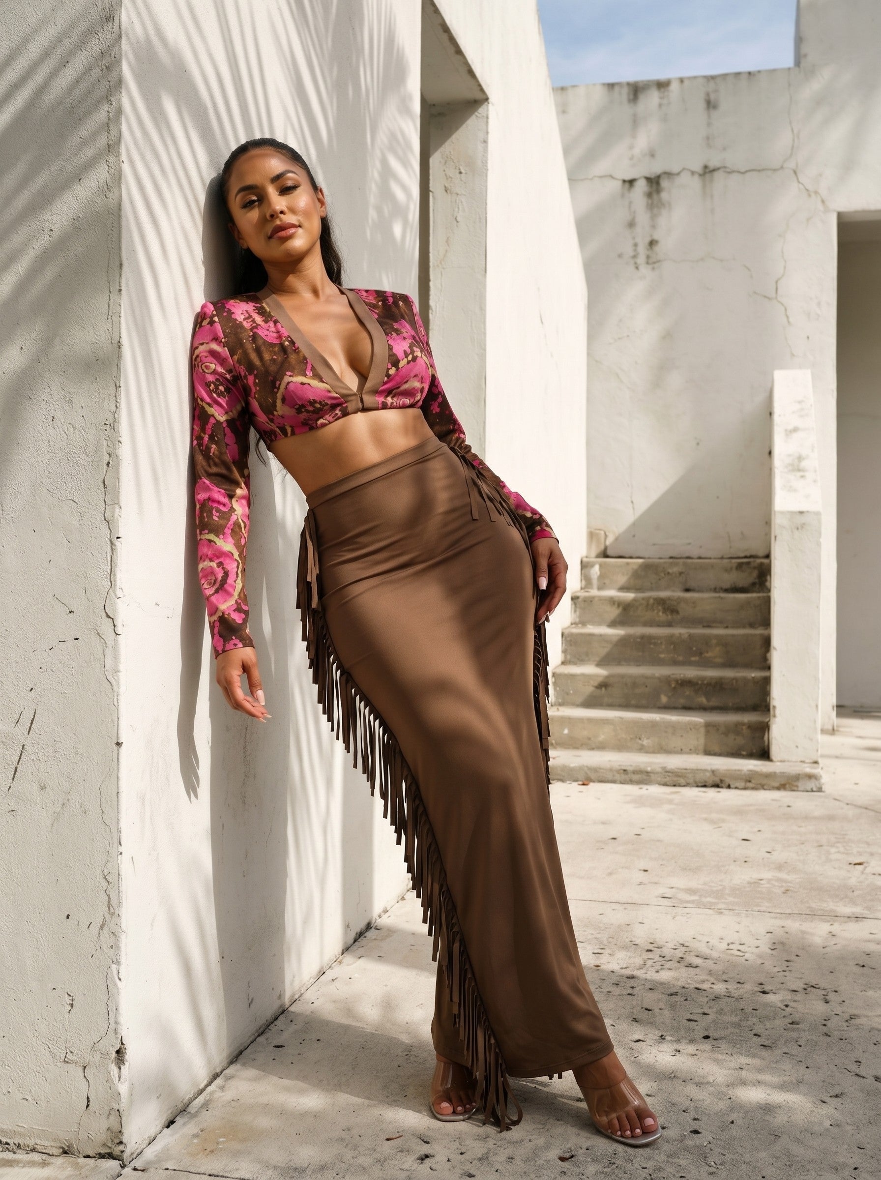SALE Athina floral print crop top and tassel skirt set