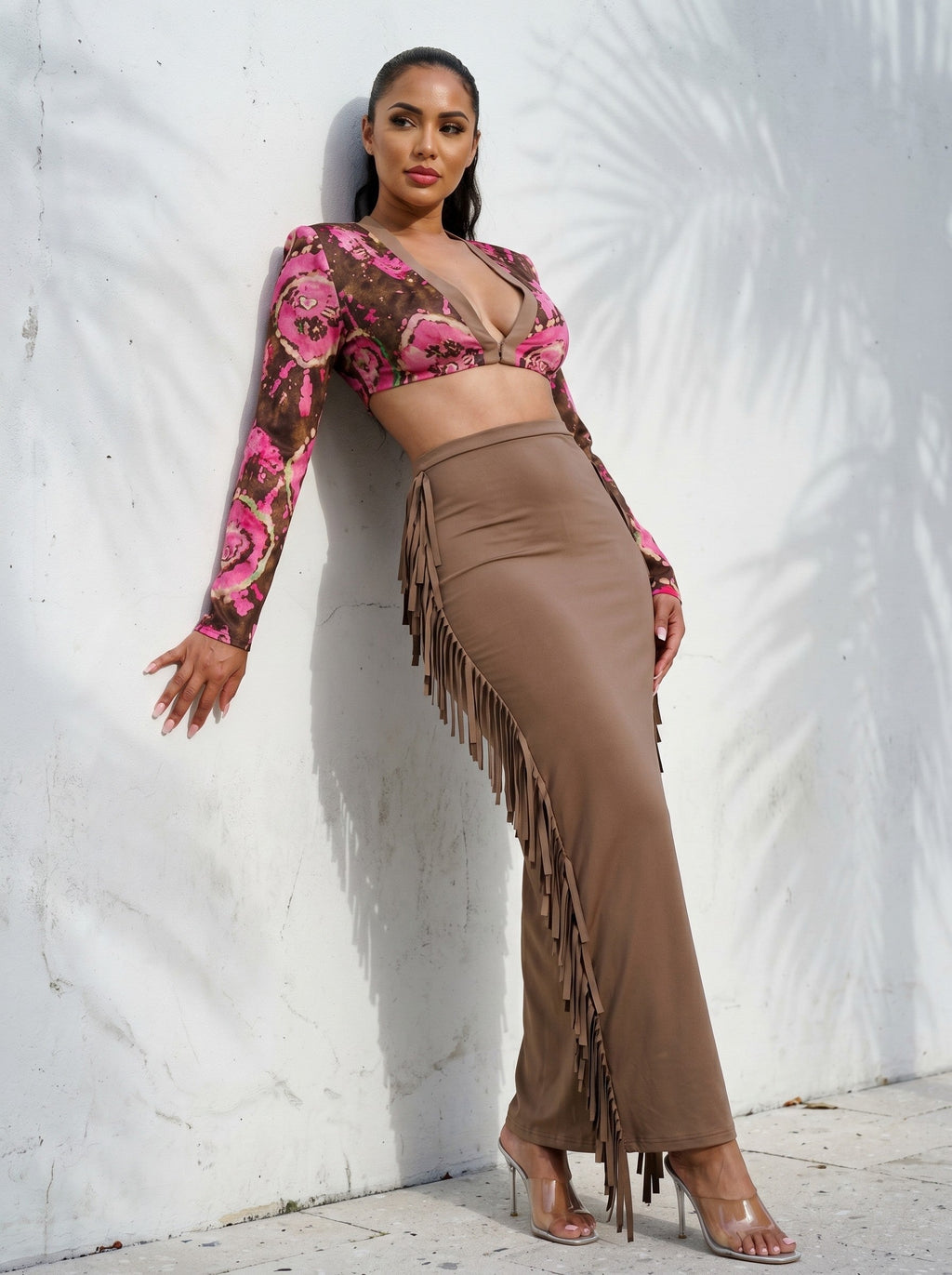 SALE Athina floral print crop top and tassel skirt set
