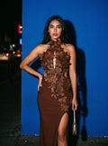 3D Rosette Cut-Out Halter Maxi Dress