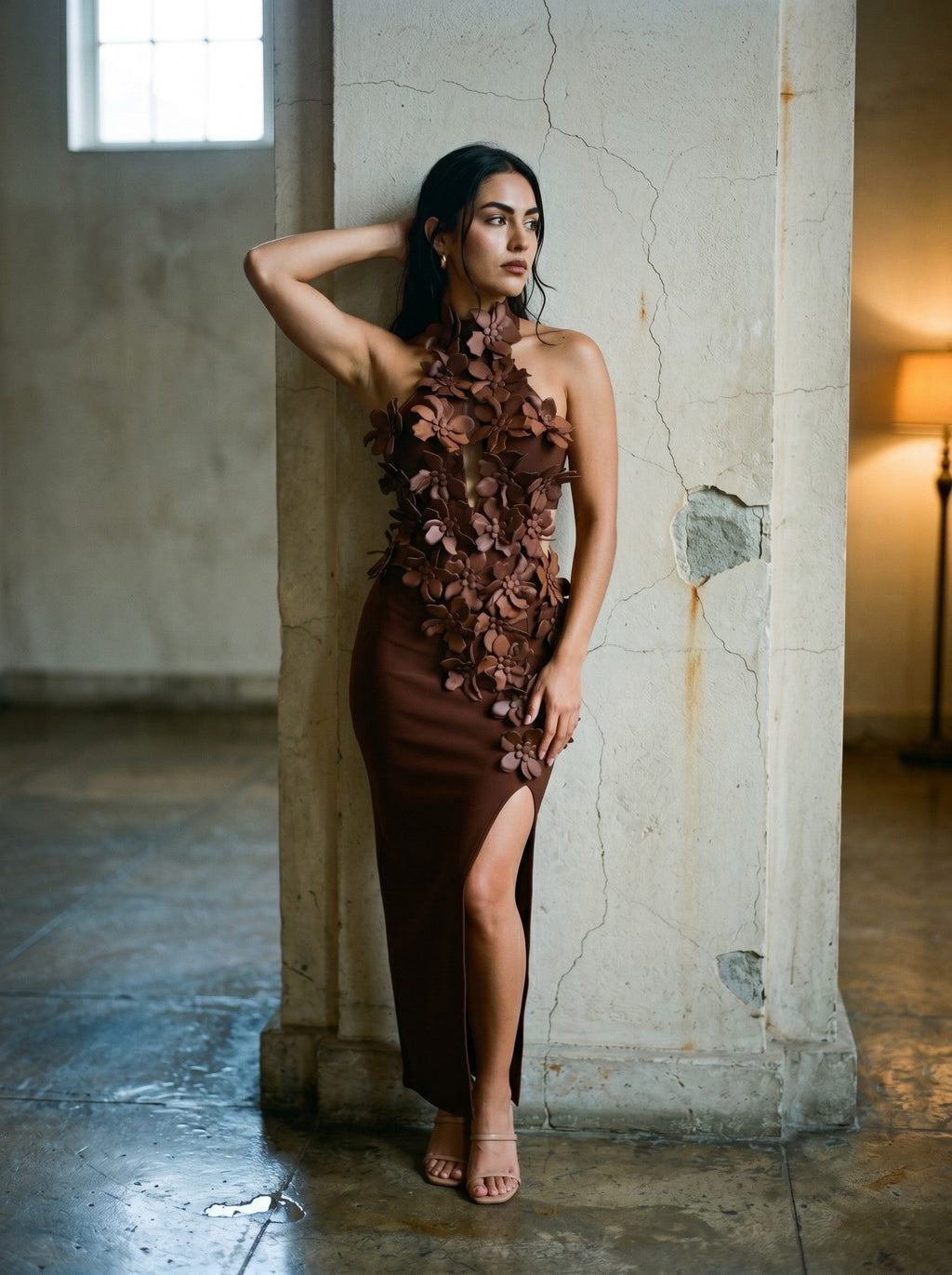 3D Rosette Cut-Out Halter Maxi Dress