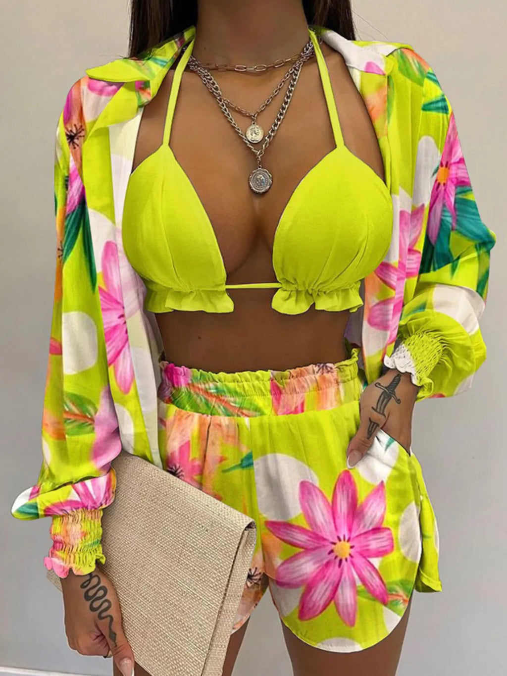 Full Size Halter Neck Cami & Shirt & Shorts 3-Piece Outfit Set Plus Size
