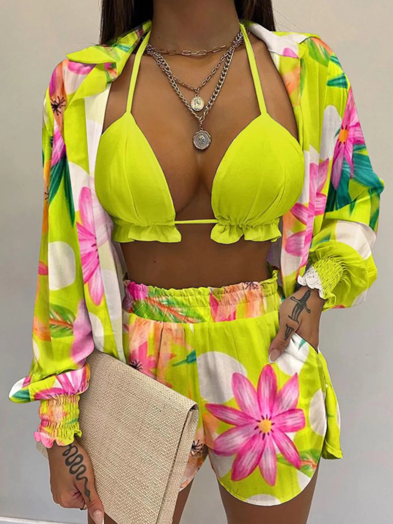 Full Size Halter Neck Cami & Shirt & Shorts 3-Piece Outfit Set Plus Size