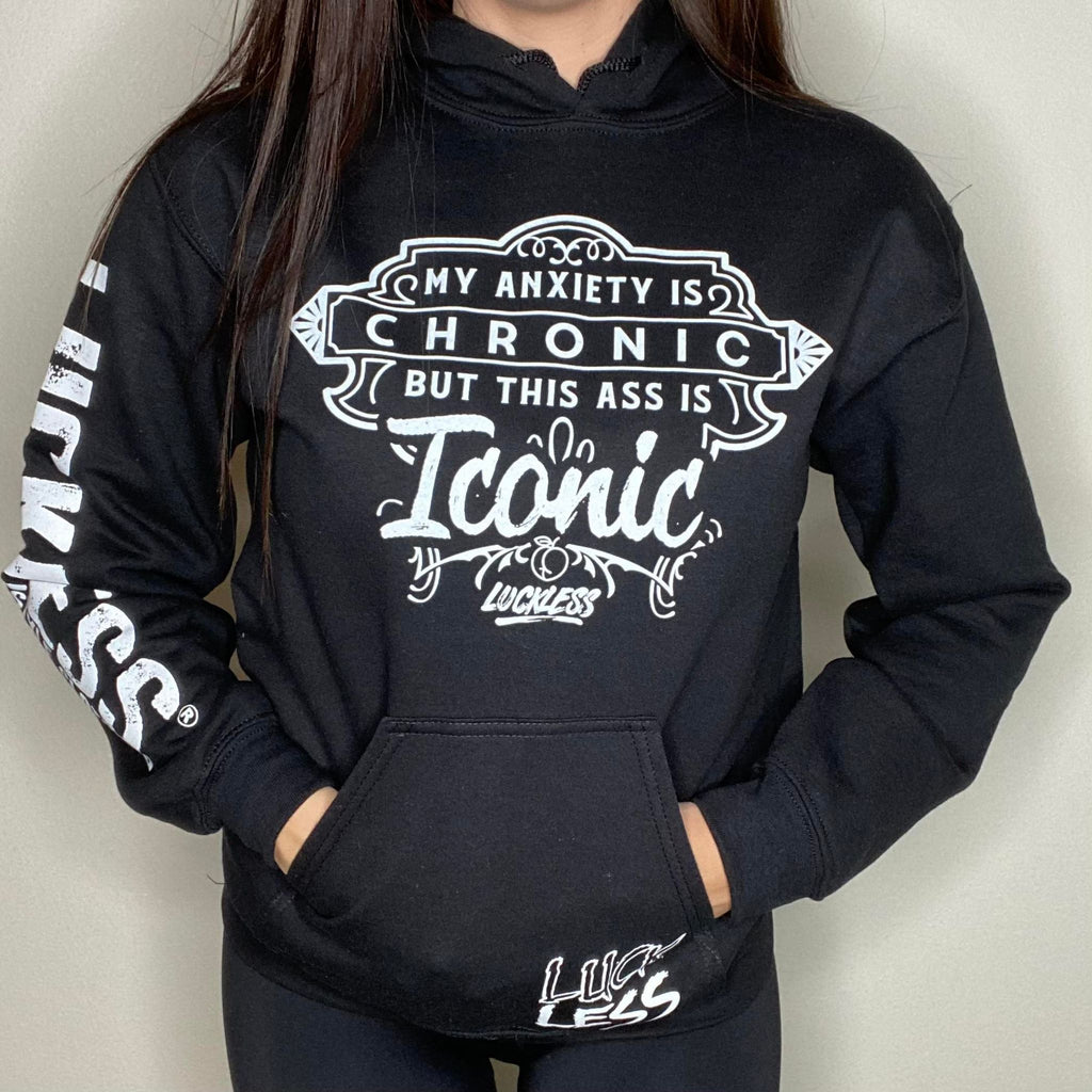 Luckless Outfitters Iconic Anxiety Hoodie — detail close-up