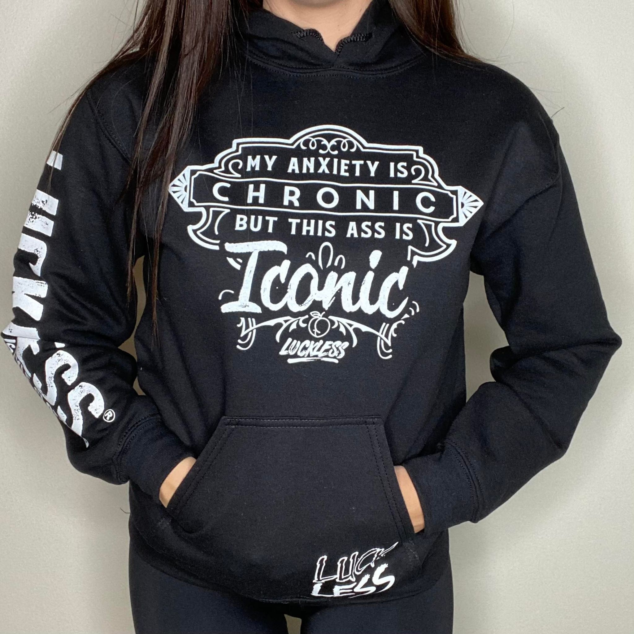 Luckless Outfitters Iconic Anxiety Hoodie — detail close-up