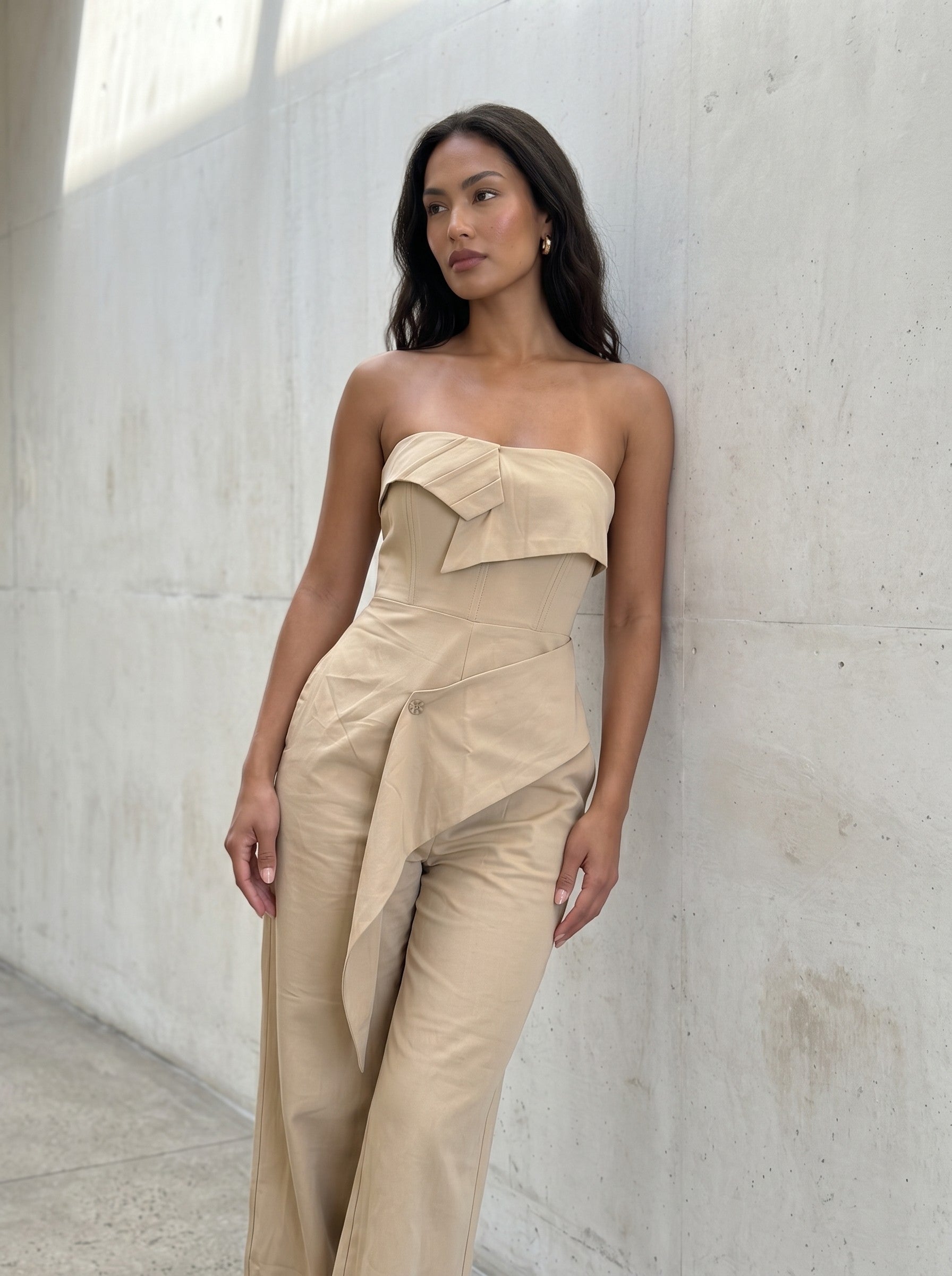 Camel Strapless Tailored Wide-Leg Jumpsuit