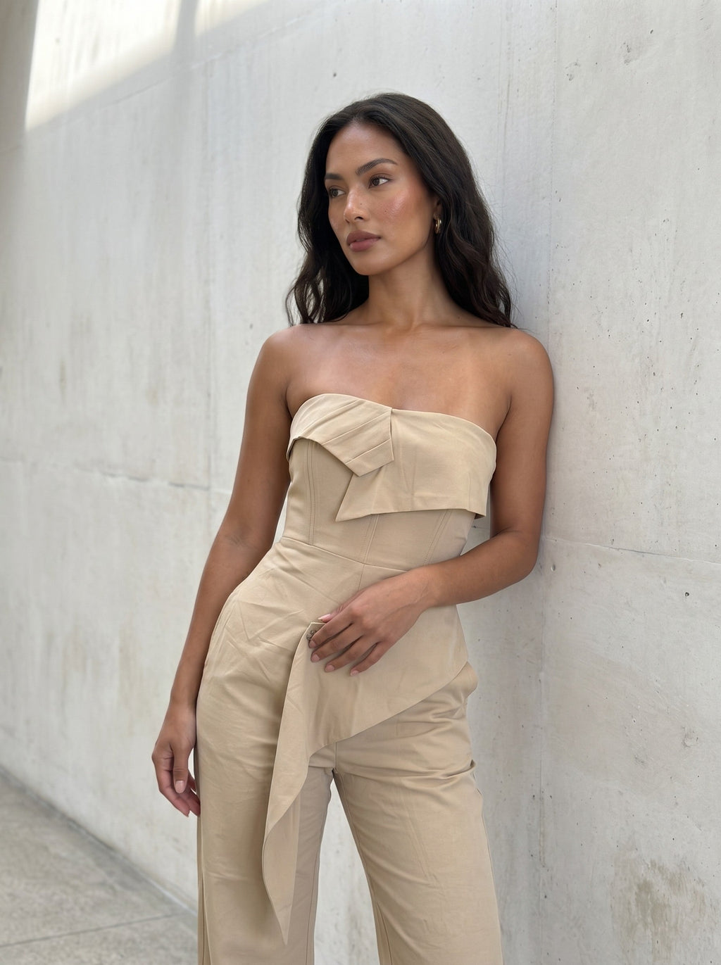 Camel Strapless Tailored Wide-Leg Jumpsuit
