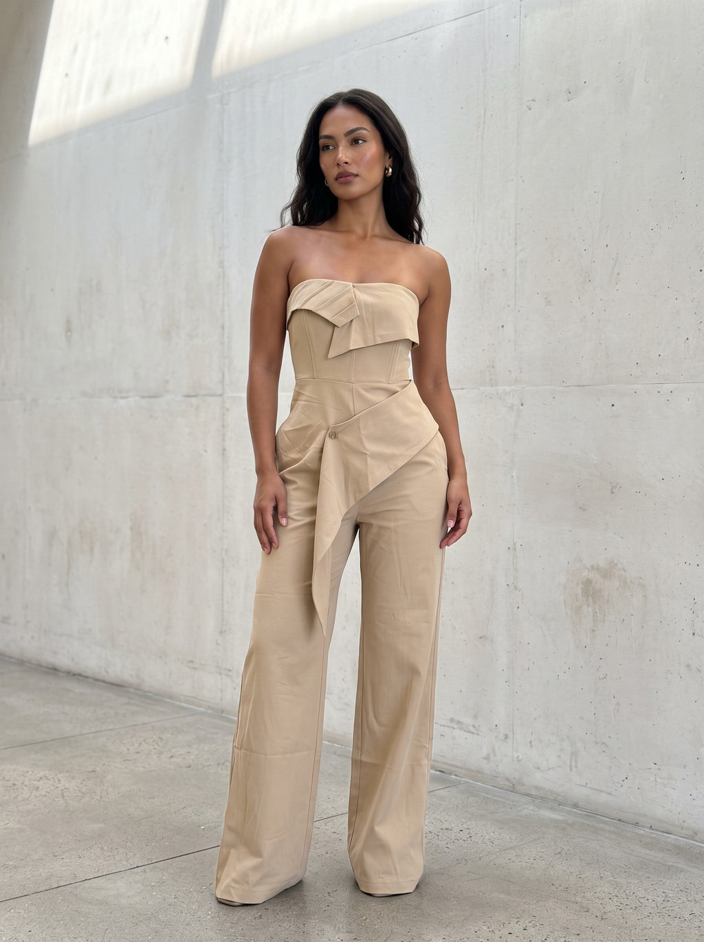 Camel Strapless Tailored Wide-Leg Jumpsuit