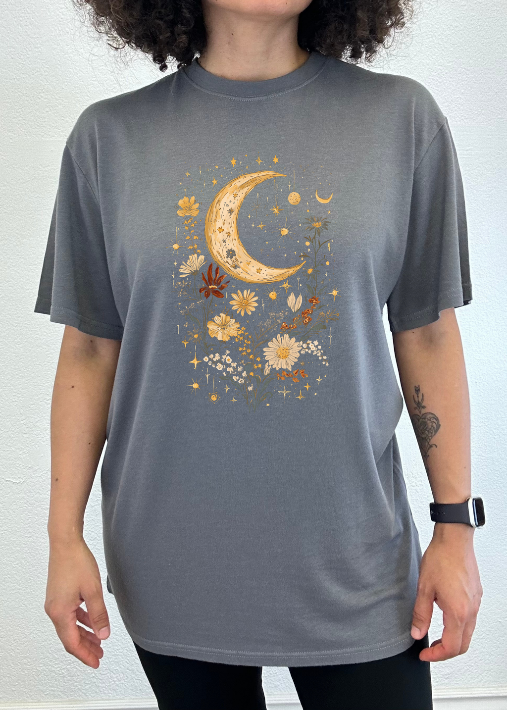 Spun Bamboo Celestial Moon Boho Flowers Vintage Unisex Bamboo/Cotton Graphic T-Shirt — side view
