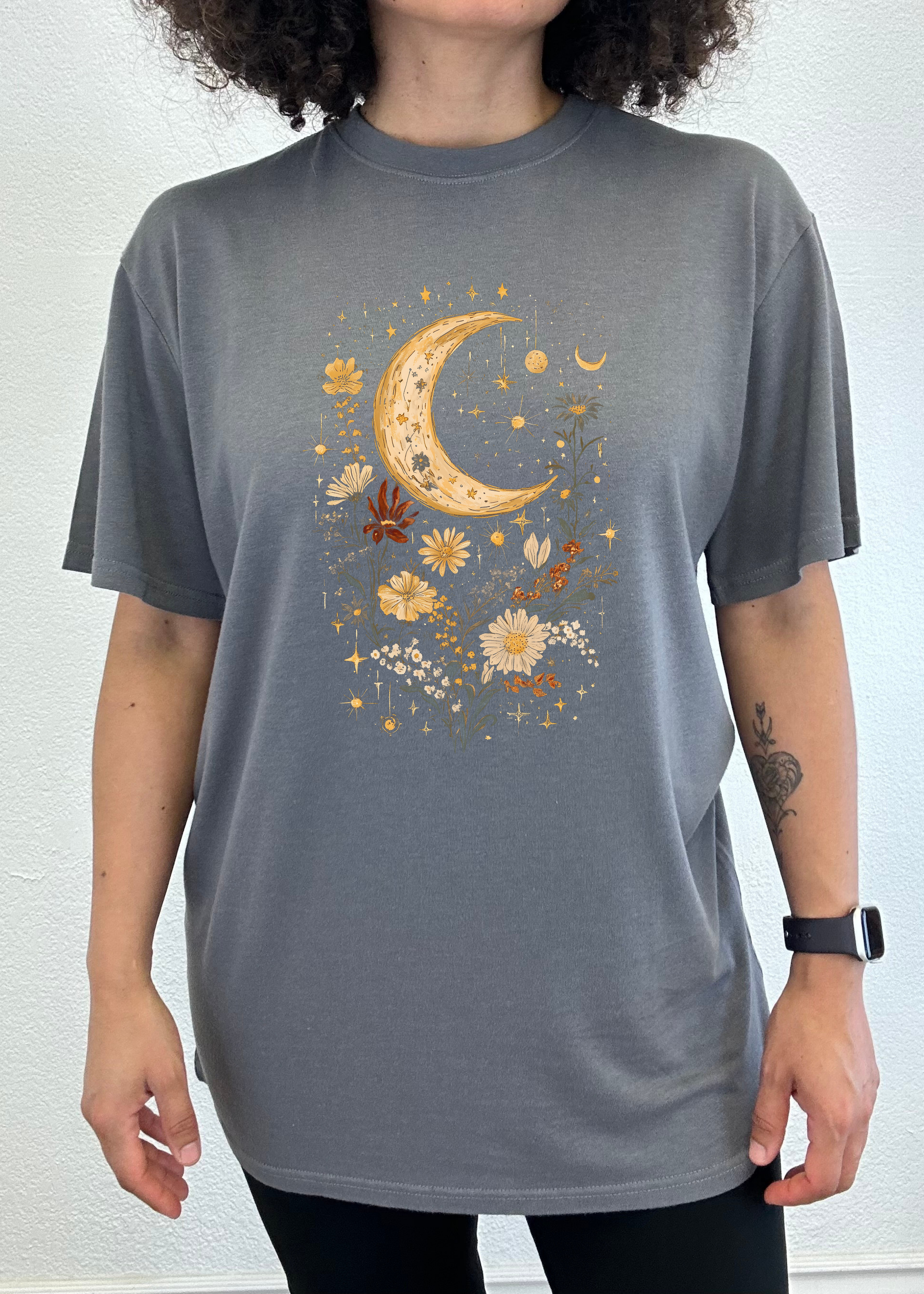 Spun Bamboo Celestial Moon Boho Flowers Vintage Unisex Bamboo/Cotton Graphic T-Shirt — side view