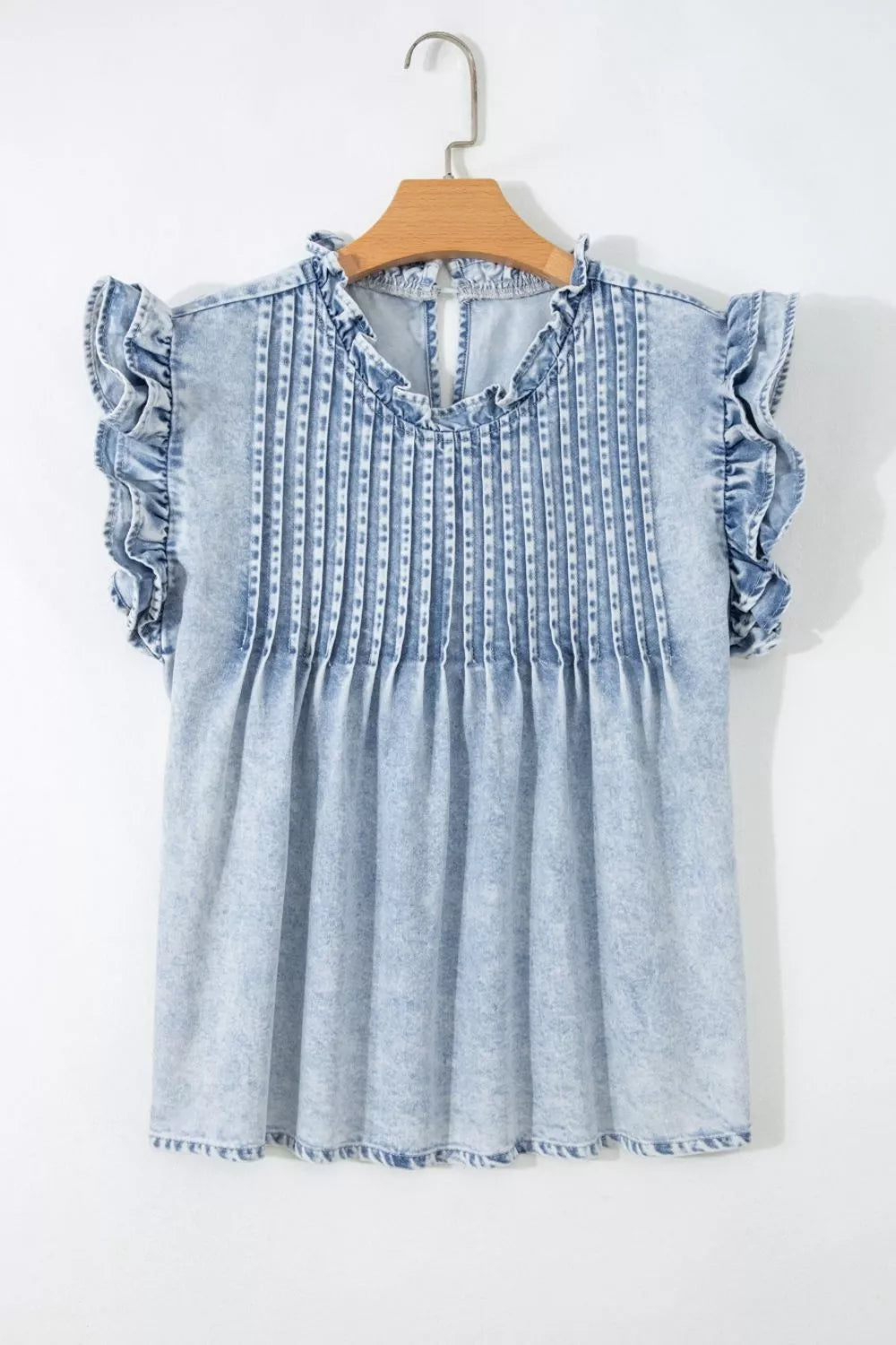 Ruffle Pleated Detail Vintage Washed Denim Top