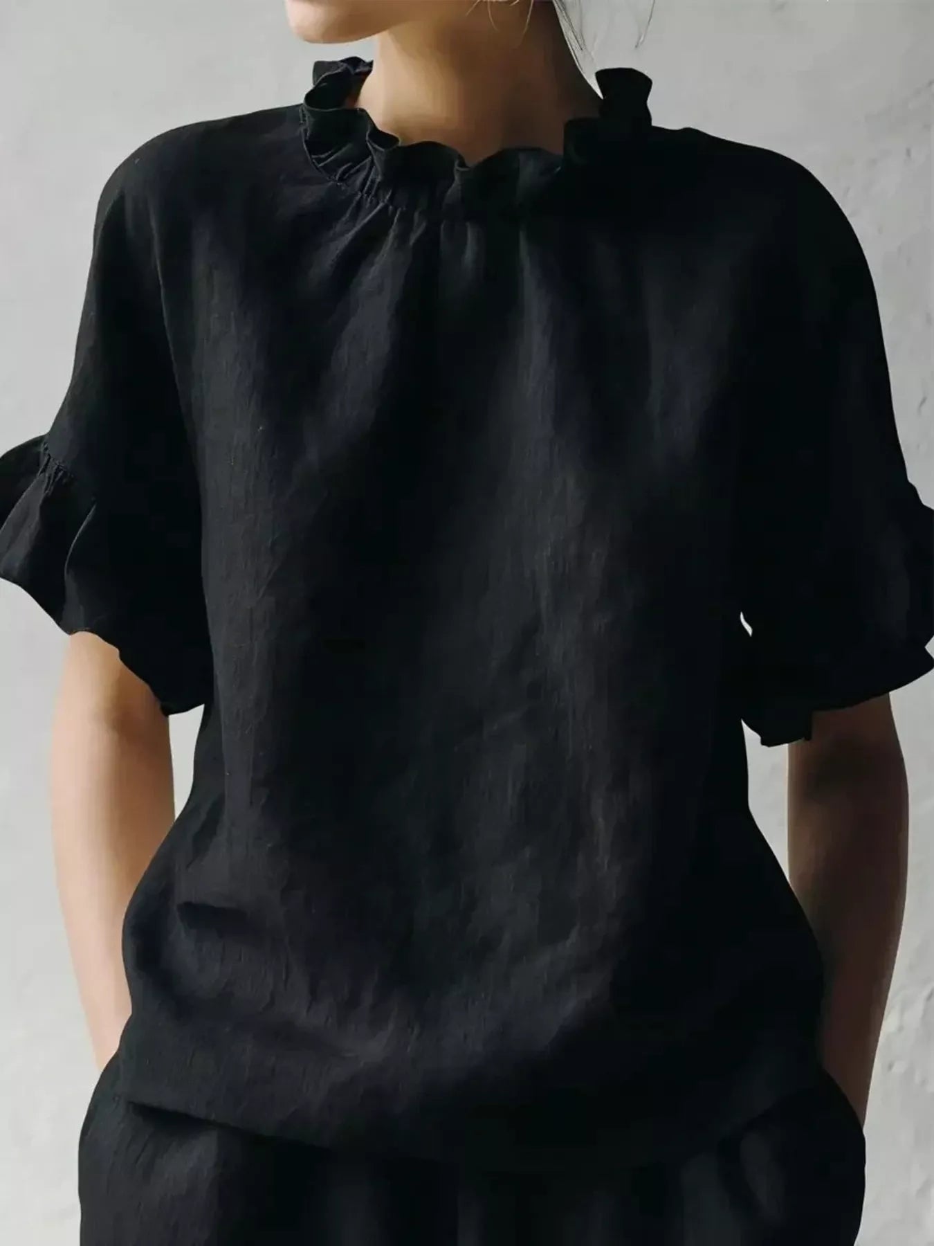 Full Size Ruffled Neck Half Sleeve Blouse Plus Size