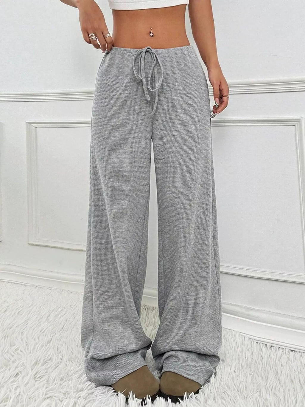 Striped Ribbed Knit Drawstring Waist Wide Leg Pants