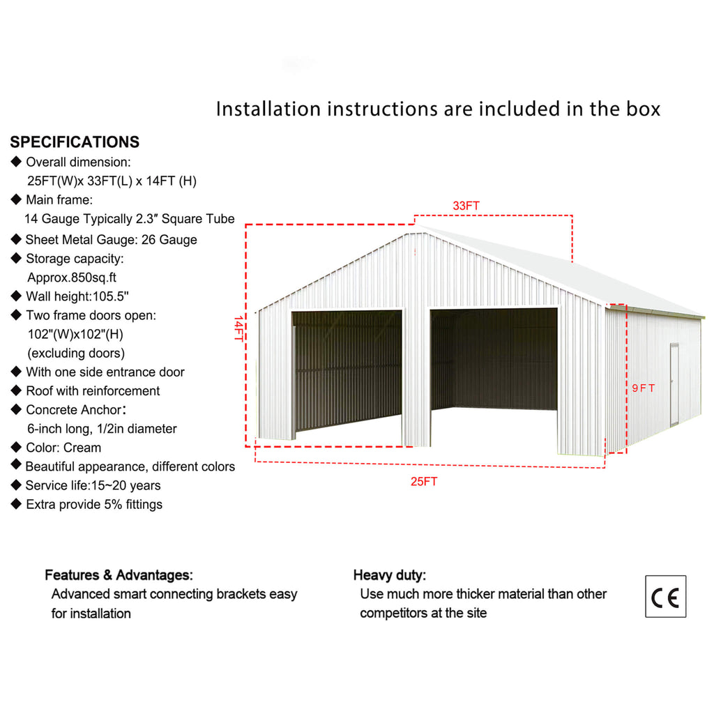 [25X33FT] Alora Heavy-Duty Double Garage Galvanized Steel Barn Shed (SAK61234) – SAKSBY WHOLESALE, view 7