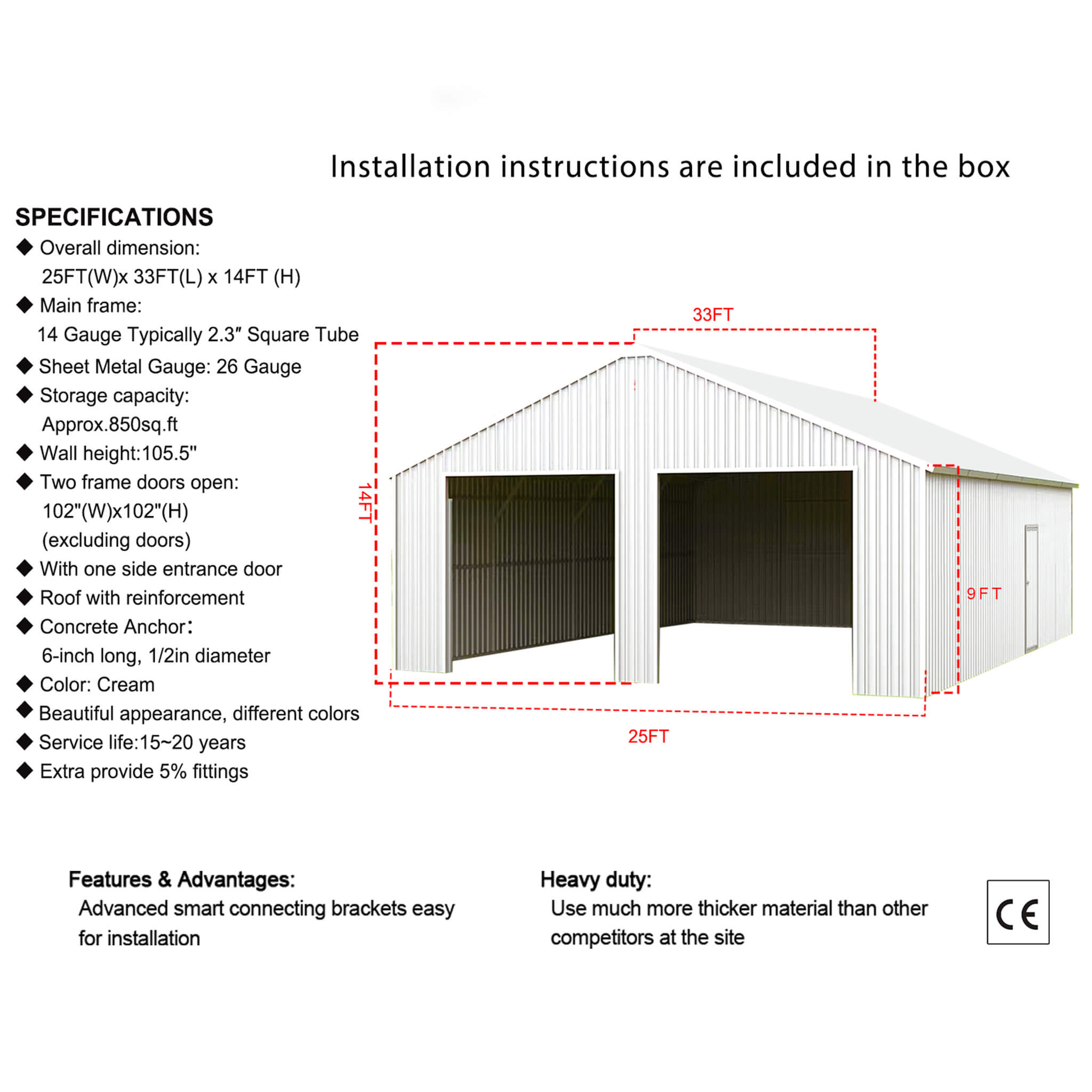 [25X33FT] Alora Heavy-Duty Double Garage Galvanized Steel Barn Shed (SAK61234) – SAKSBY WHOLESALE, view 7