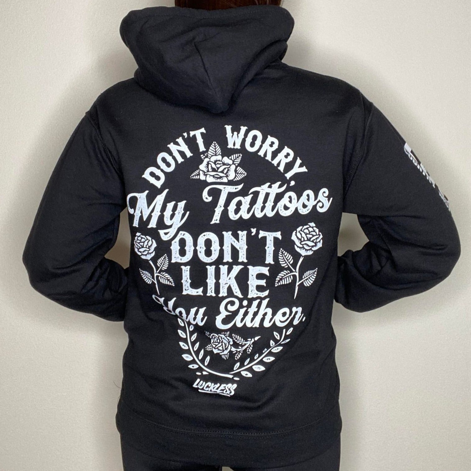 Luckless Outfitters My Tattoos Don't Like You Either Hoodie — detail close-up