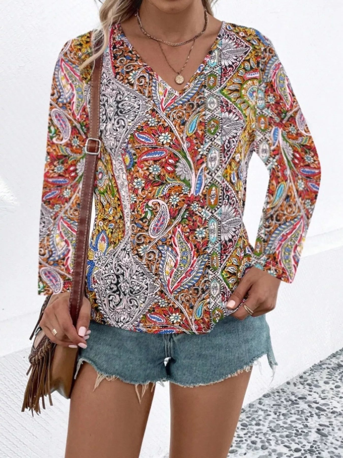 Paisley Print V-Neck Long Sleeve Blouse
