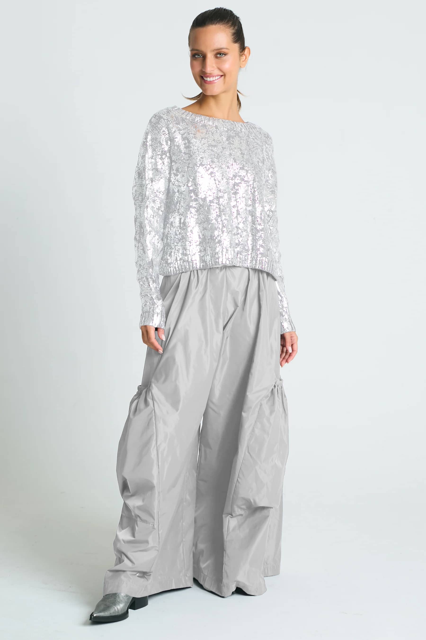 Pima Cotton Mini Foil Cable Crewneck Sweater - White/Silver