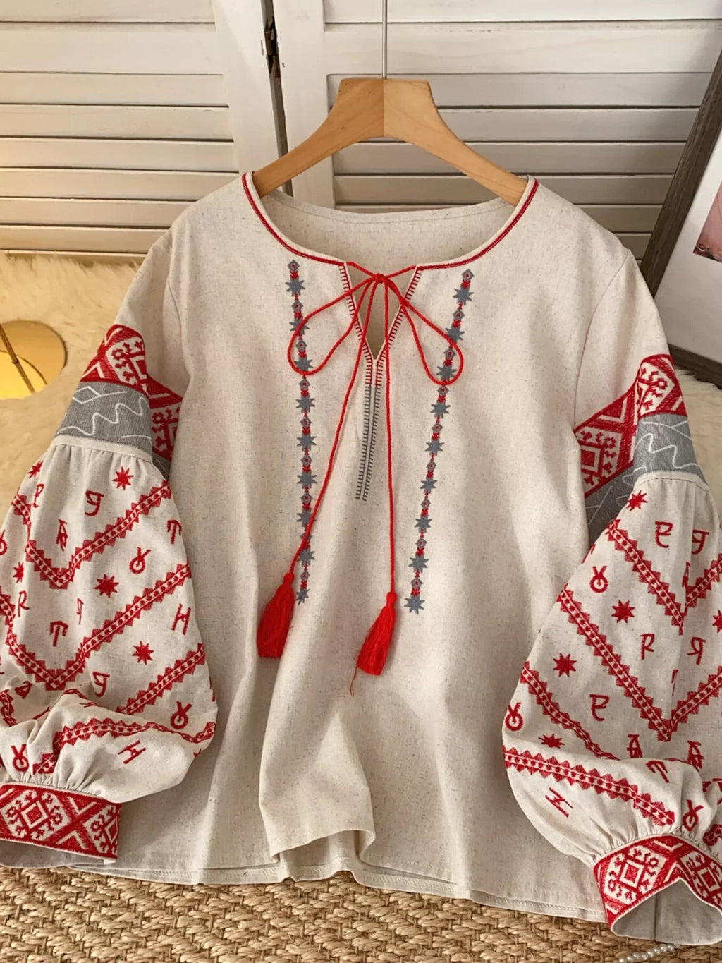 Embroidered Tie Neck Blouse