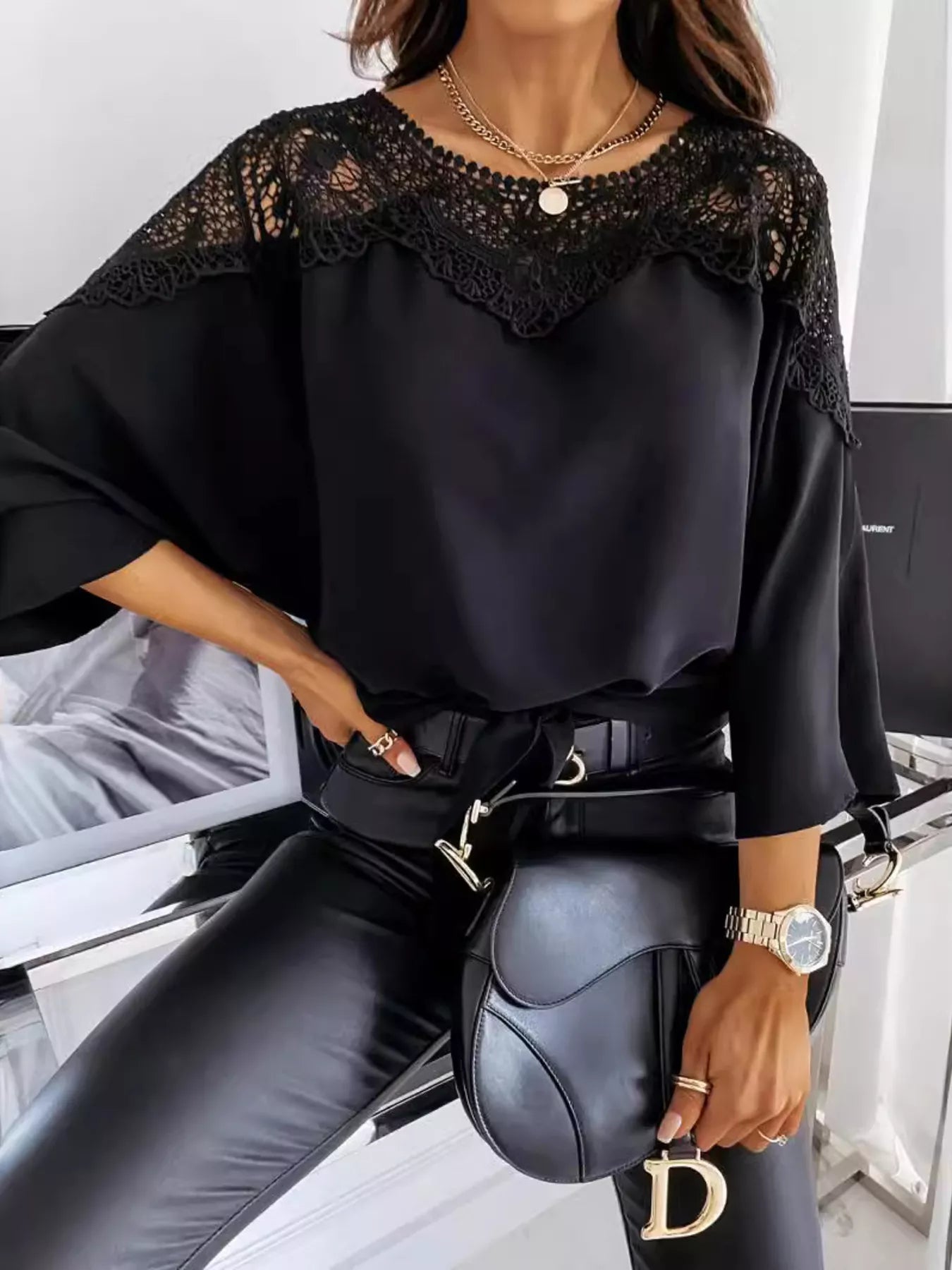 Lace Trim Long Sleeve Blouse