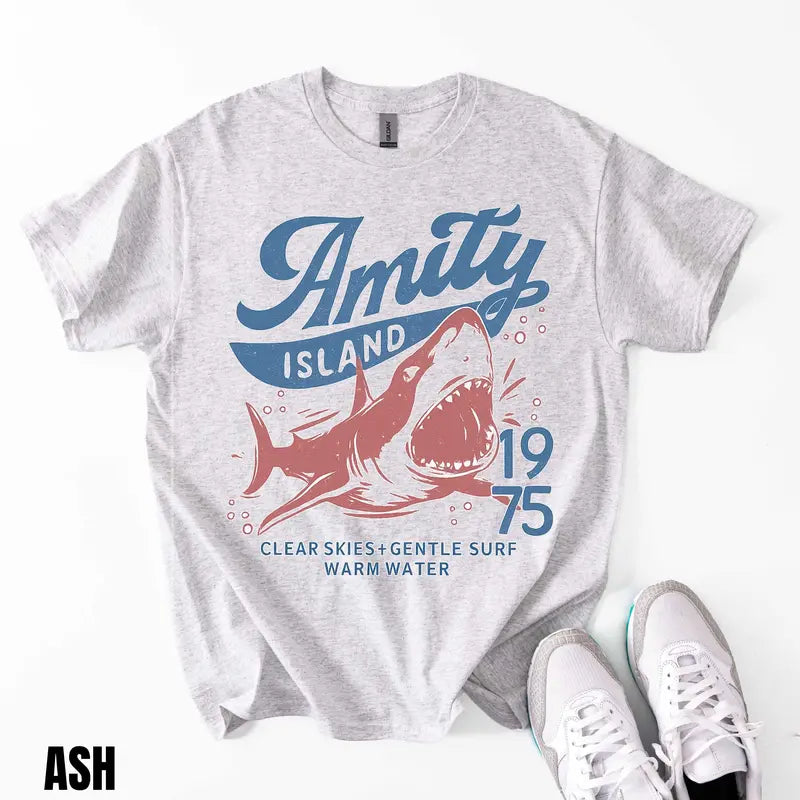Jaws Amity Island 1975 T-Shirt – Retro Movie Inspired Graphic Tee, Remastered Heavy Cotton Film Buff Top, Soft Lived-In Vintage Summer Beach Shirt, Made in USA