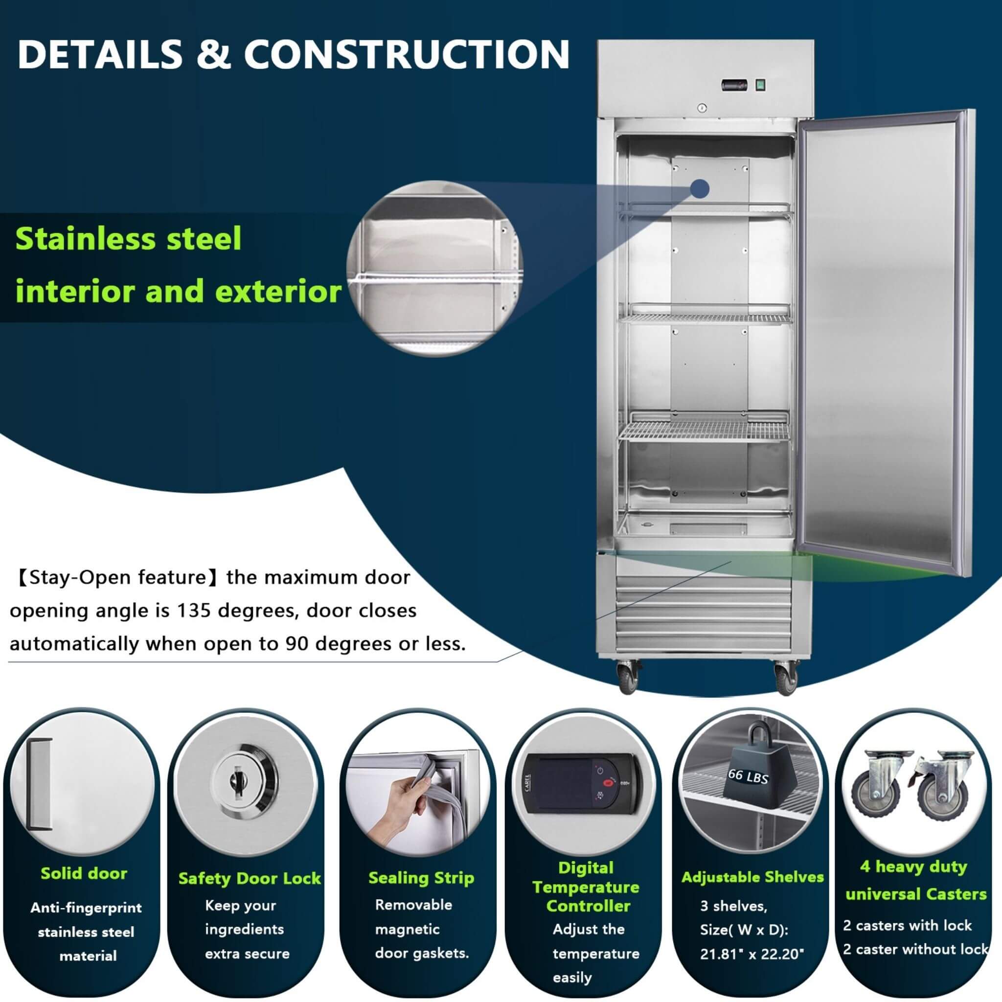 Heavy-Duty 27-Inch 8.7 Cu.Ft Commercial Upright Stainless Steel Reach-In Freezer (SAK43815) – SAKSBY WHOLESALE, view 6