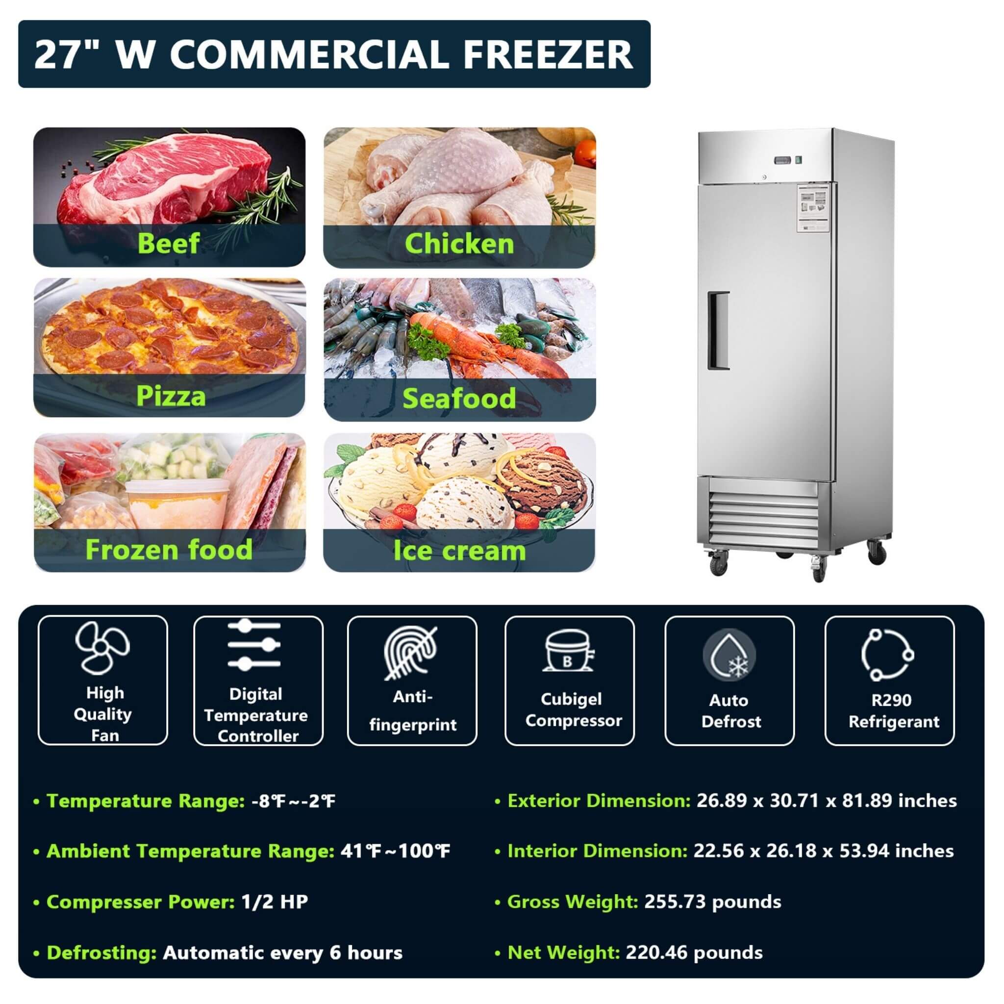 Heavy-Duty 27-Inch 8.7 Cu.Ft Commercial Upright Stainless Steel Reach-In Freezer (SAK43815) – SAKSBY WHOLESALE, view 10