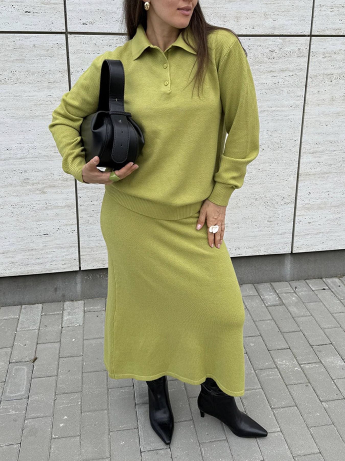 Polo Collar Top and Pants or Skirt Knit Set