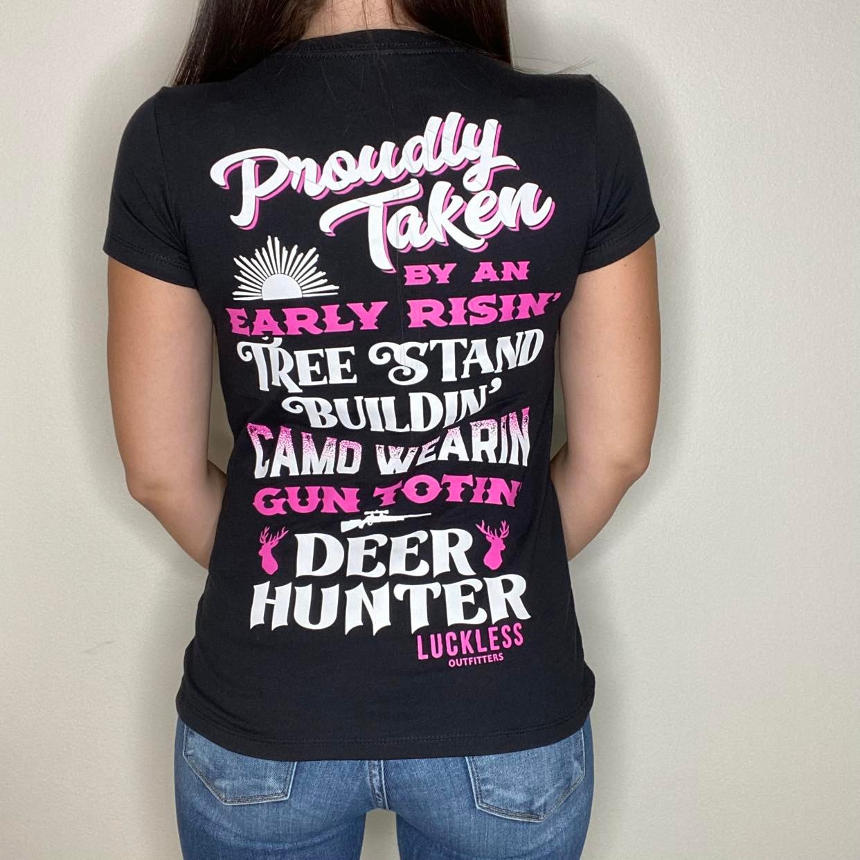 Luckless Outfitters Proudly Taken By A Deer Hunter Tee — detail close-up