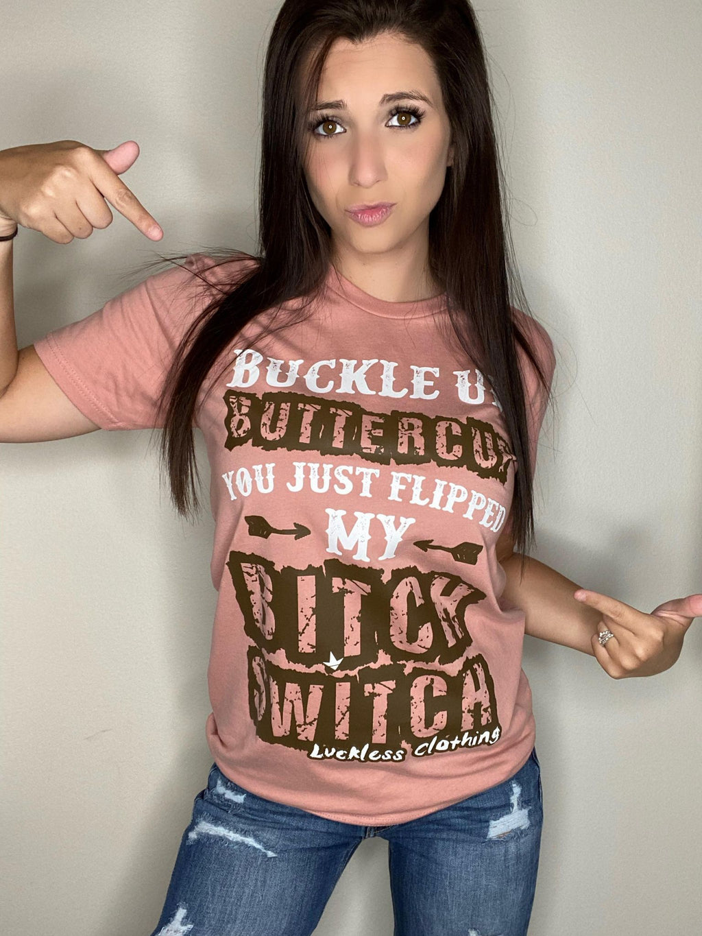 Luckless Outfitters Buckle Up Buttercup Throwback Tee — lifestyle context