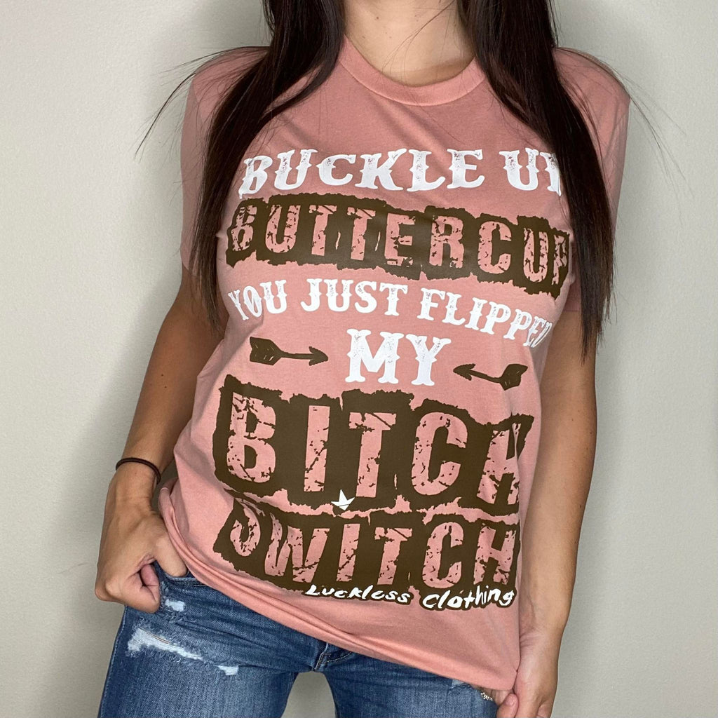 Luckless Outfitters Buckle Up Buttercup Throwback Tee — detail close-up