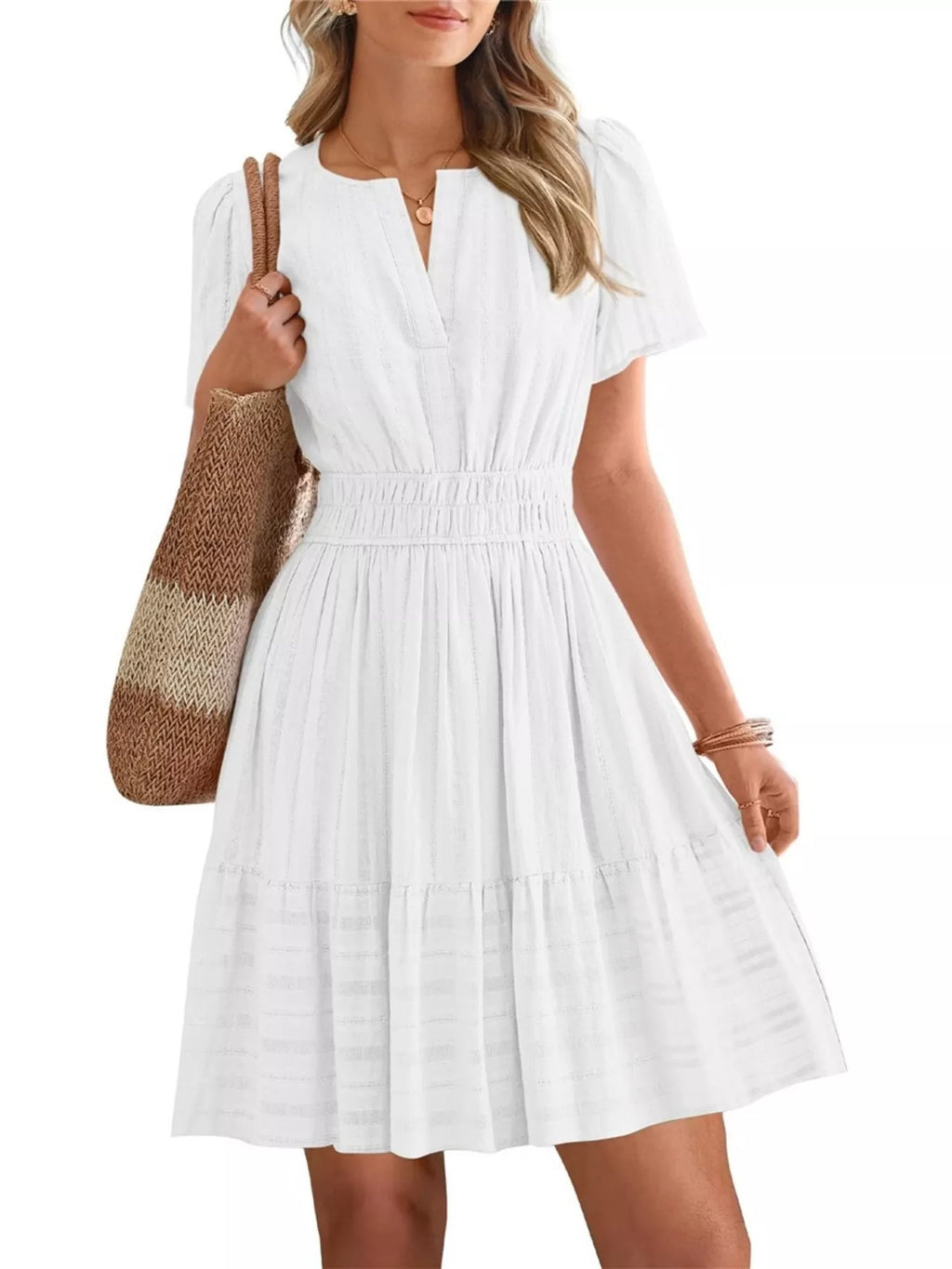 Short Sleeve Smocked Waist Tiered Dress