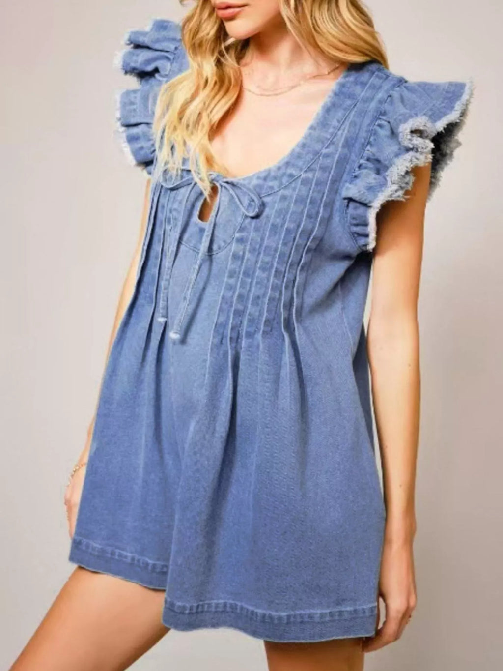 Ruffle Sleeve Denim Romper