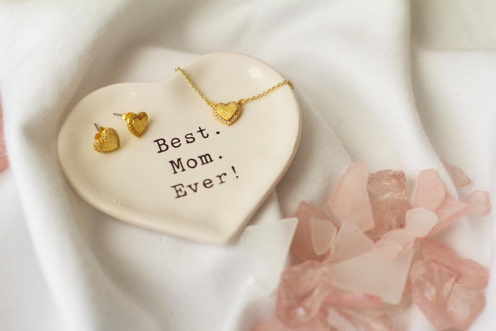 KADOU BOUTIQUE Etched Heart Pave Earrings — detail close-up