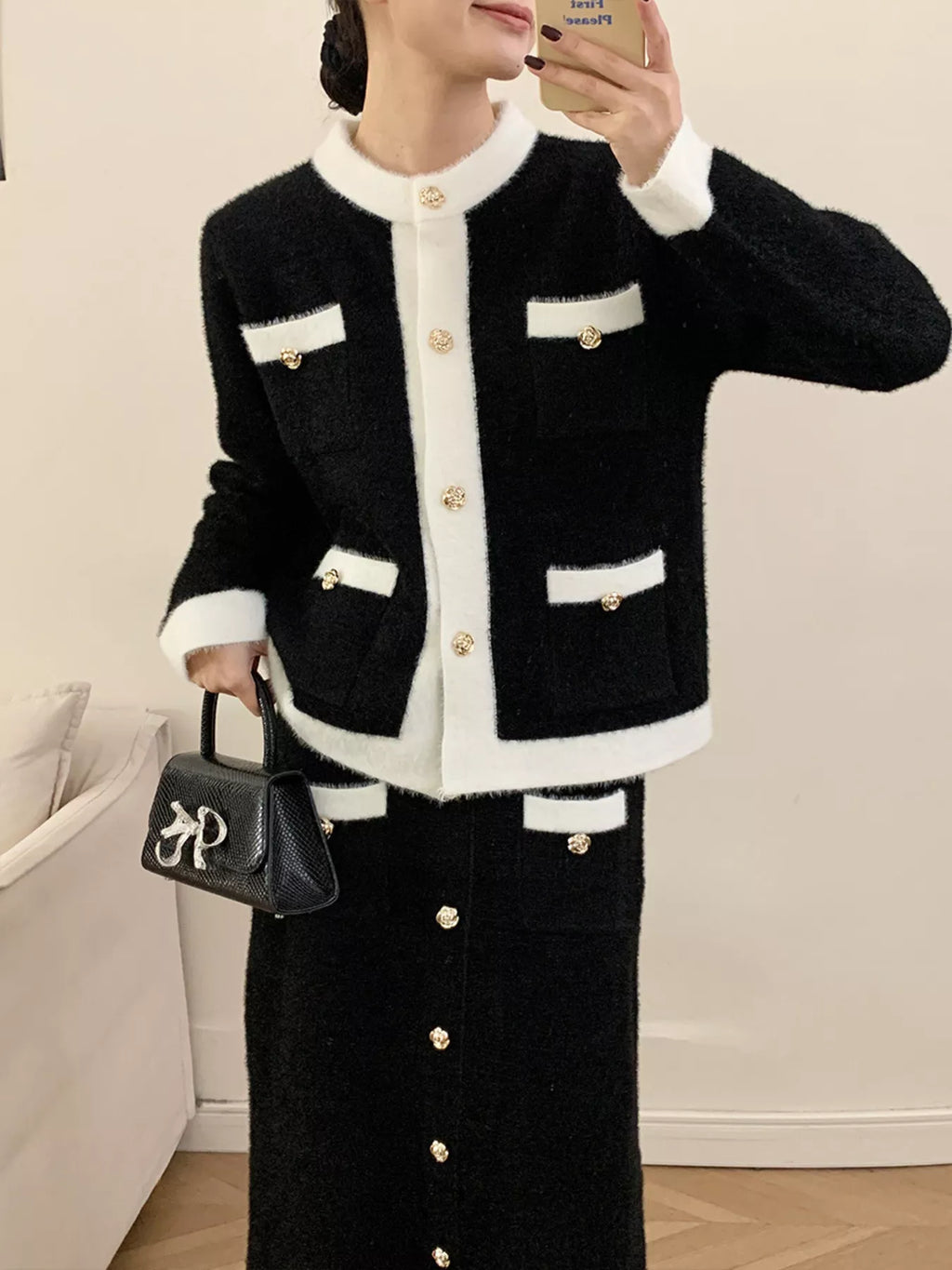 Contrast Trim Jacket and Skirts Sweater Set