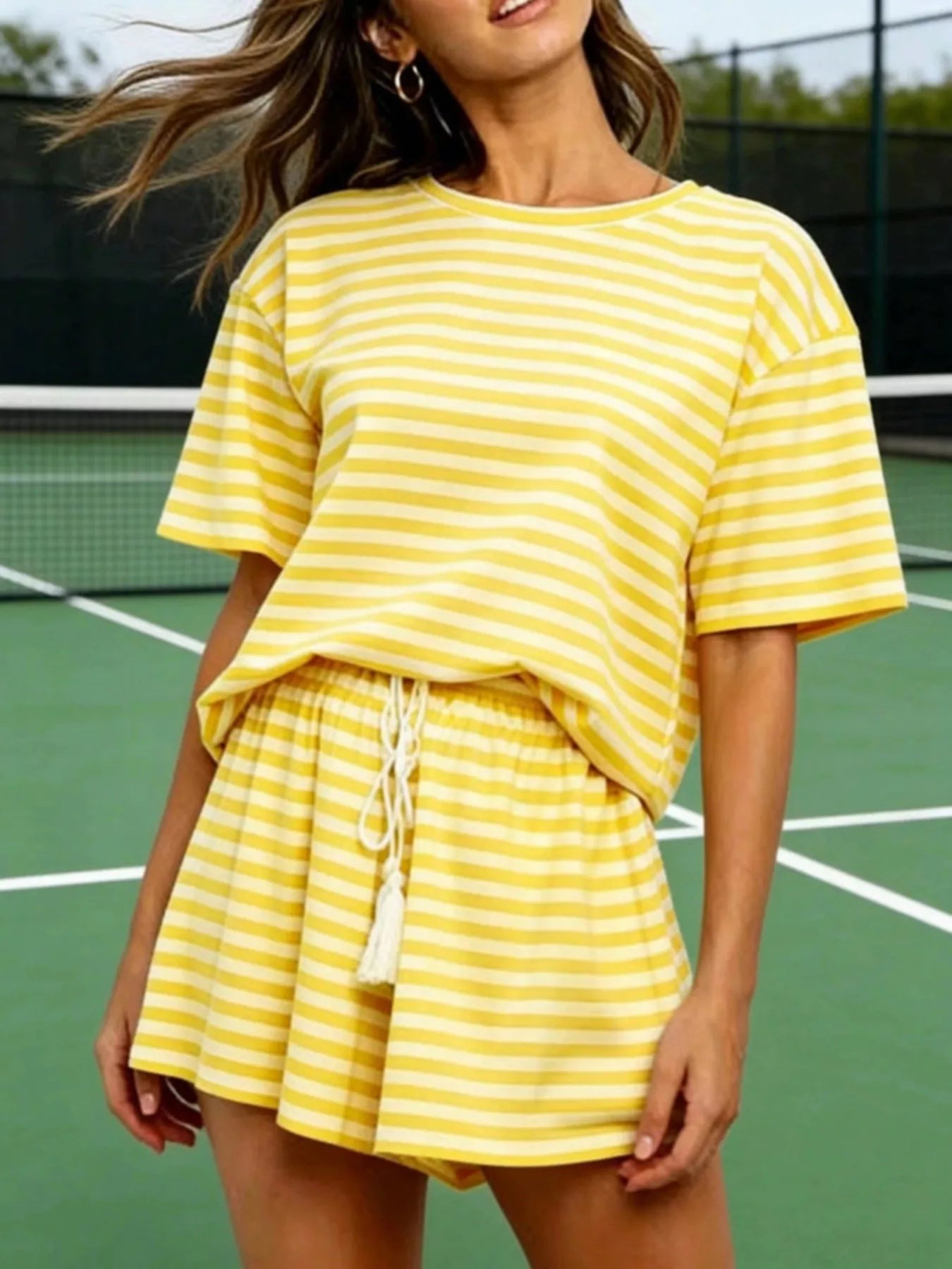 Striped Short Sleeve Tee and Drawstring Shorts Set