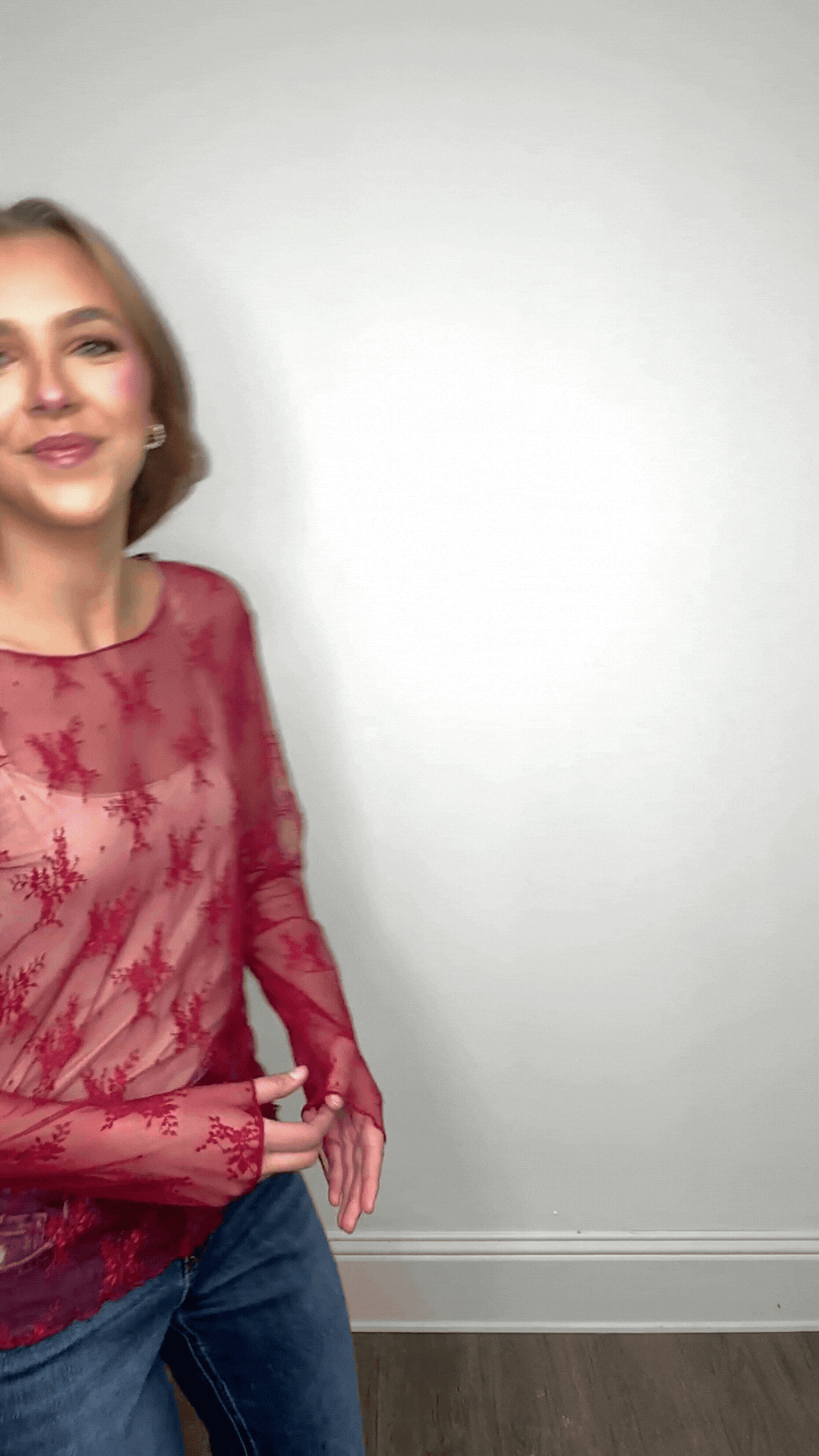 Grace+Emma Lace Long-sleeve Top, Red — size reference
