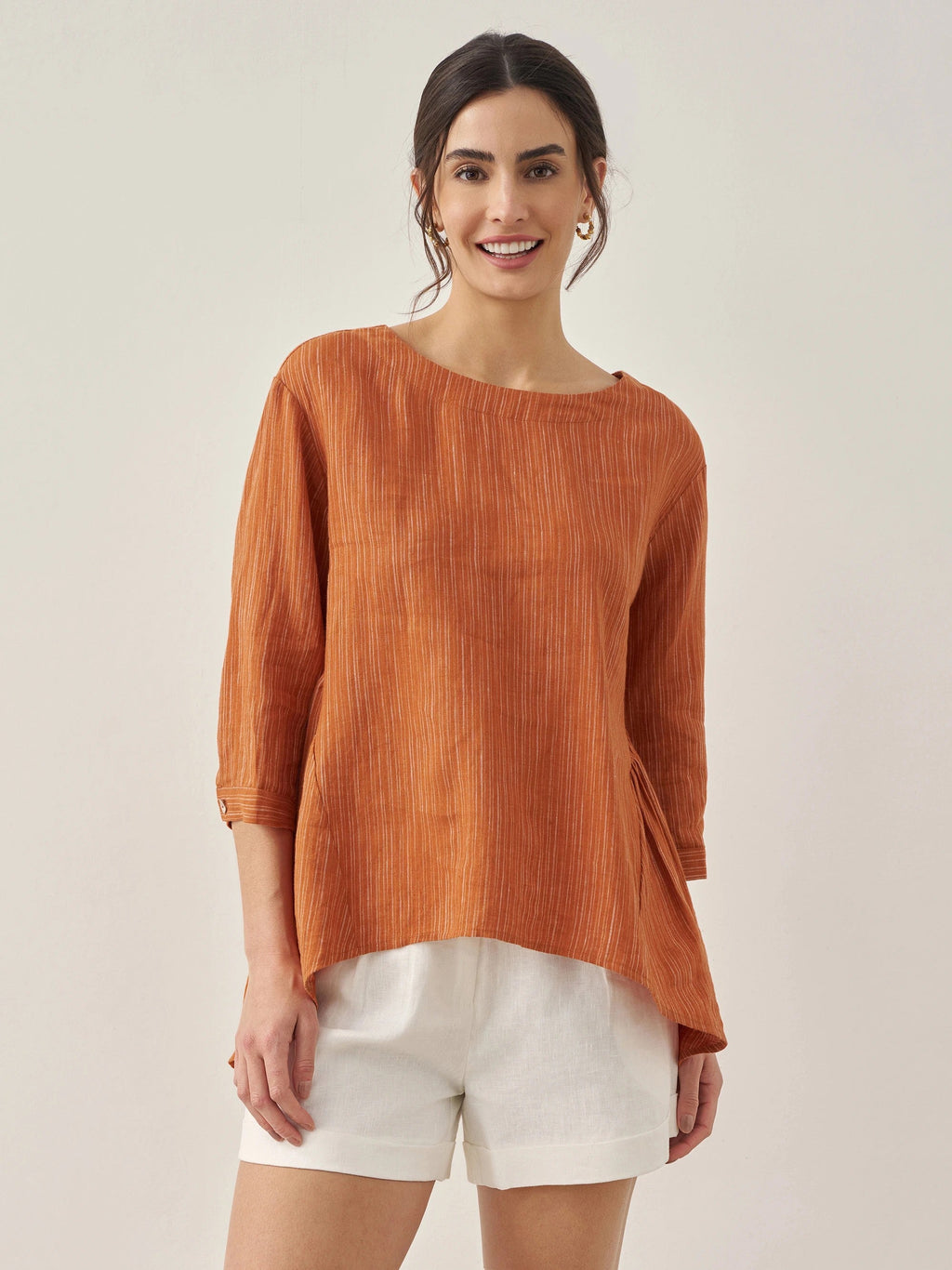 LINTICO 100% Linen Round Neck Artistic Stripe Top FLORENCE — fabric or material detail