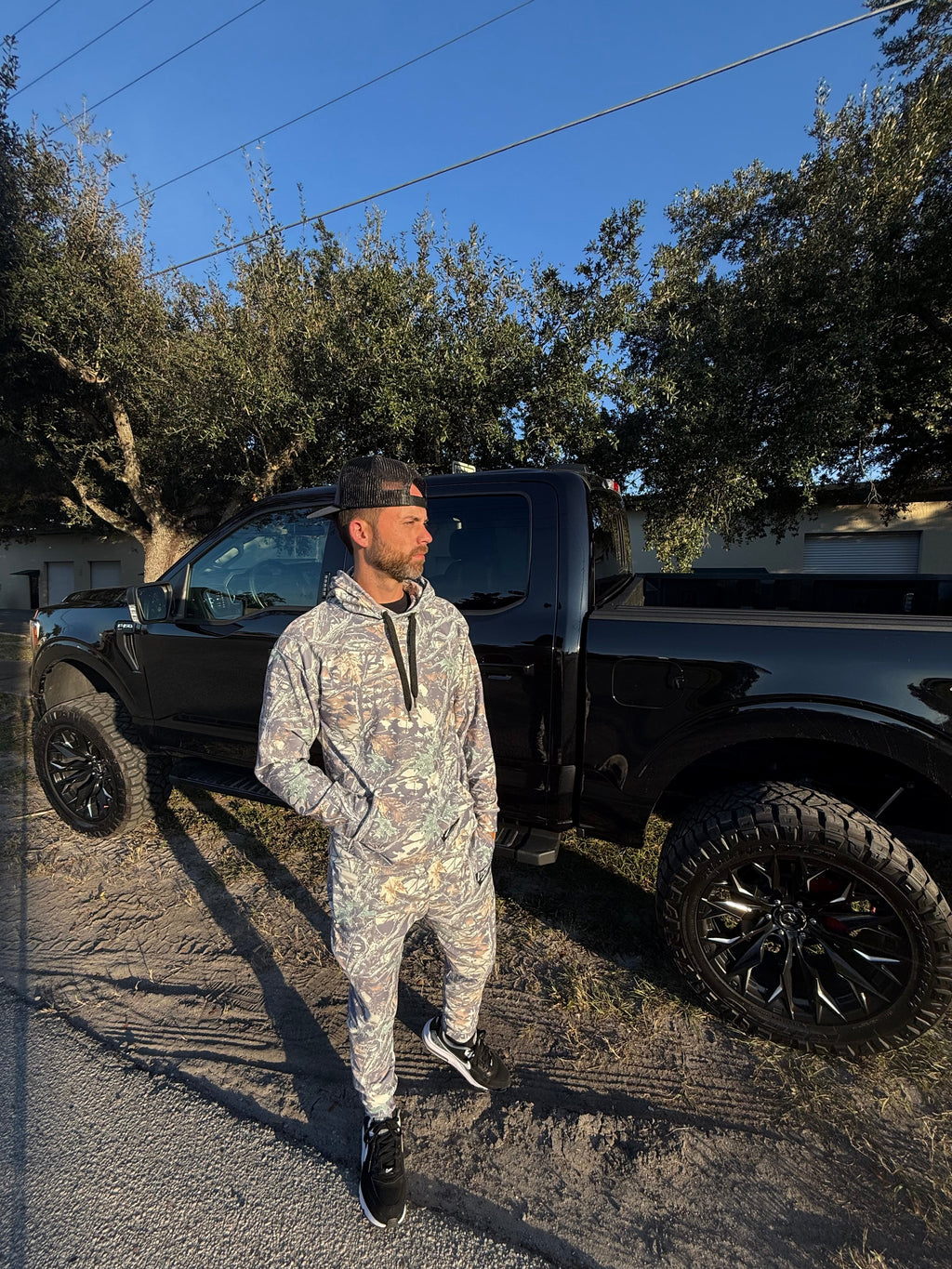 Luckless Outfitters Faded Camo Wide String Hoodie — side view