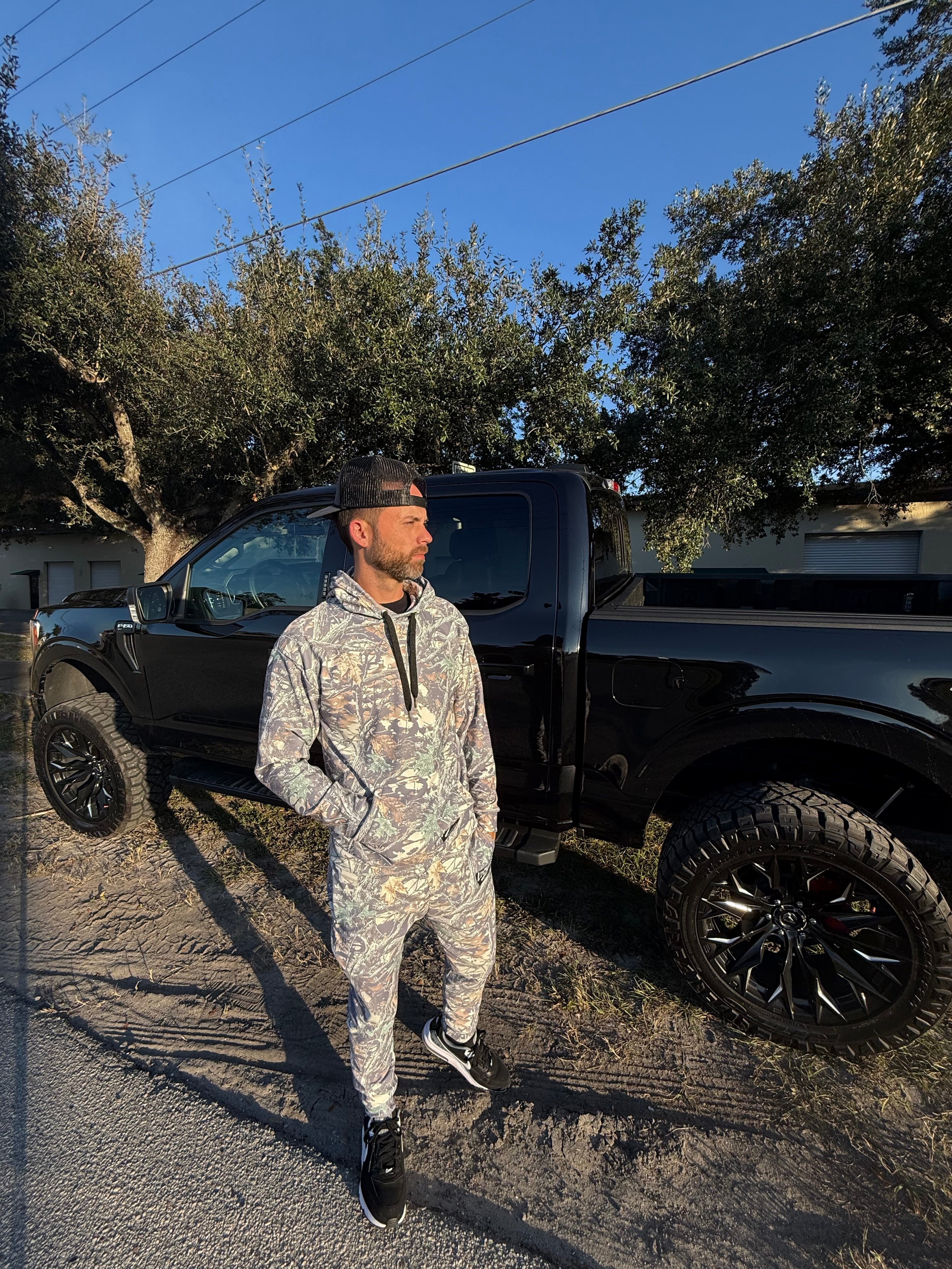 Luckless Outfitters Faded Camo Wide String Hoodie — side view