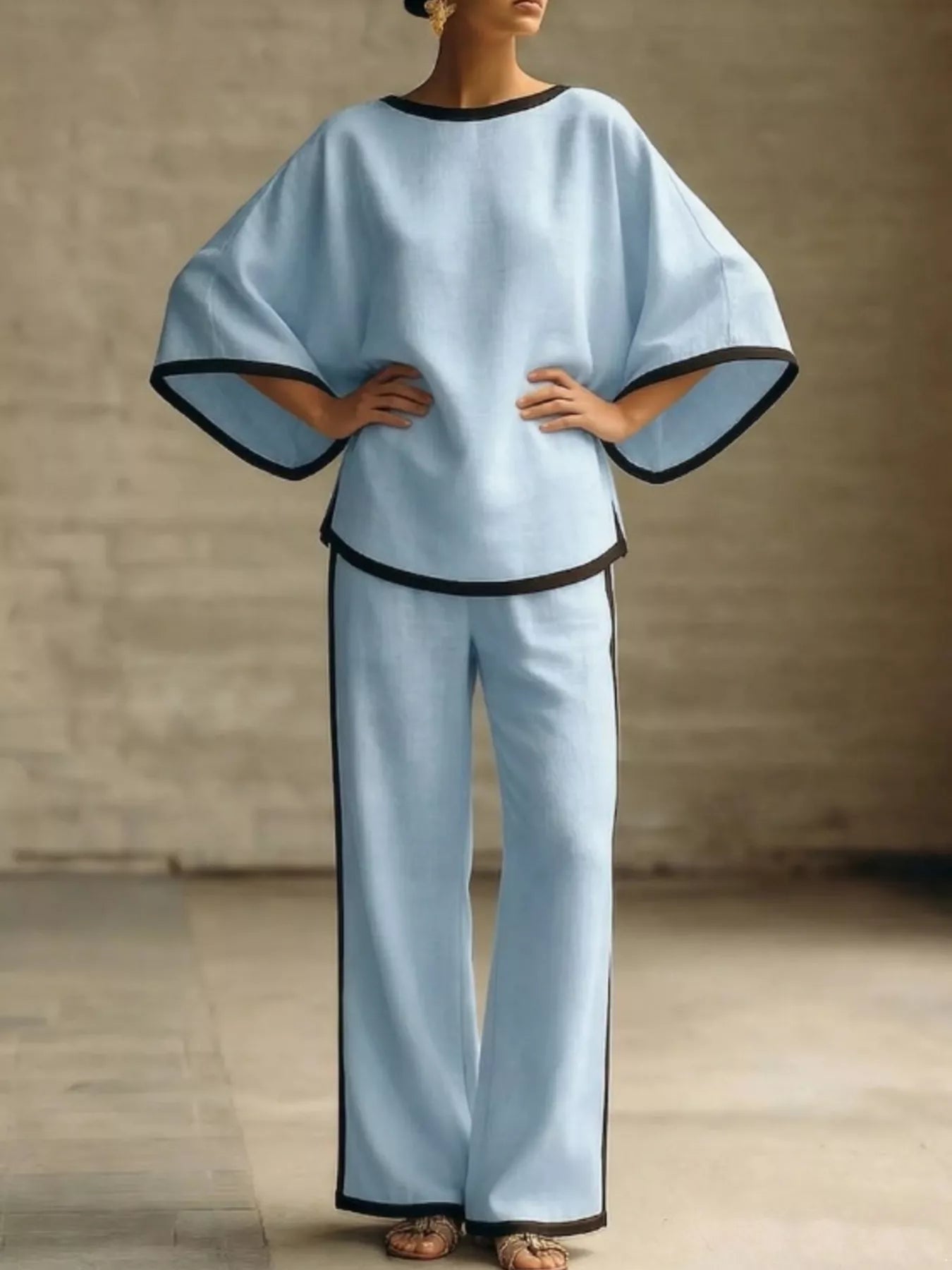 Full Size Contrast Trim Top and Wide-Leg Pants Set Plus Size