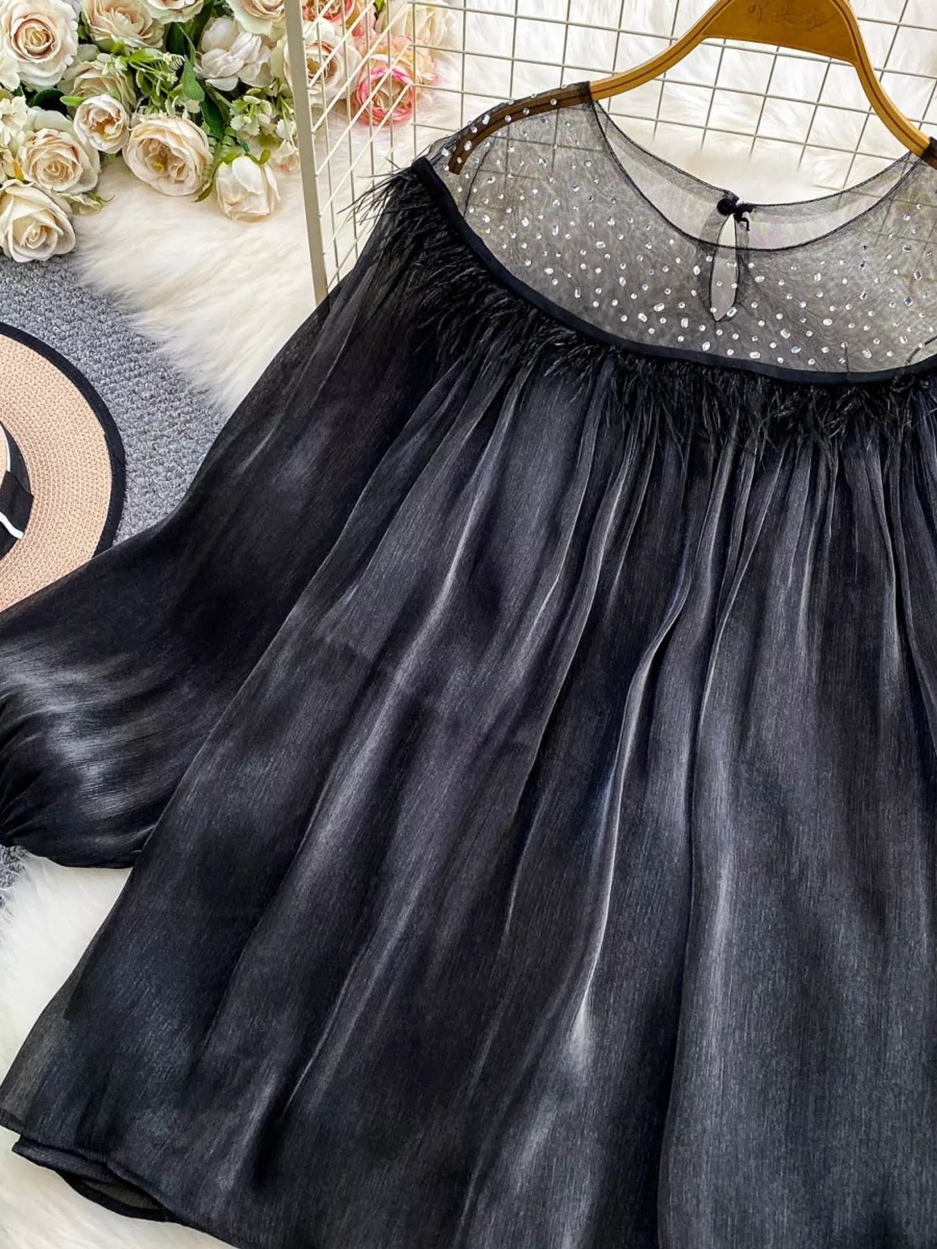 Rhinestone Mesh Panel Blouse