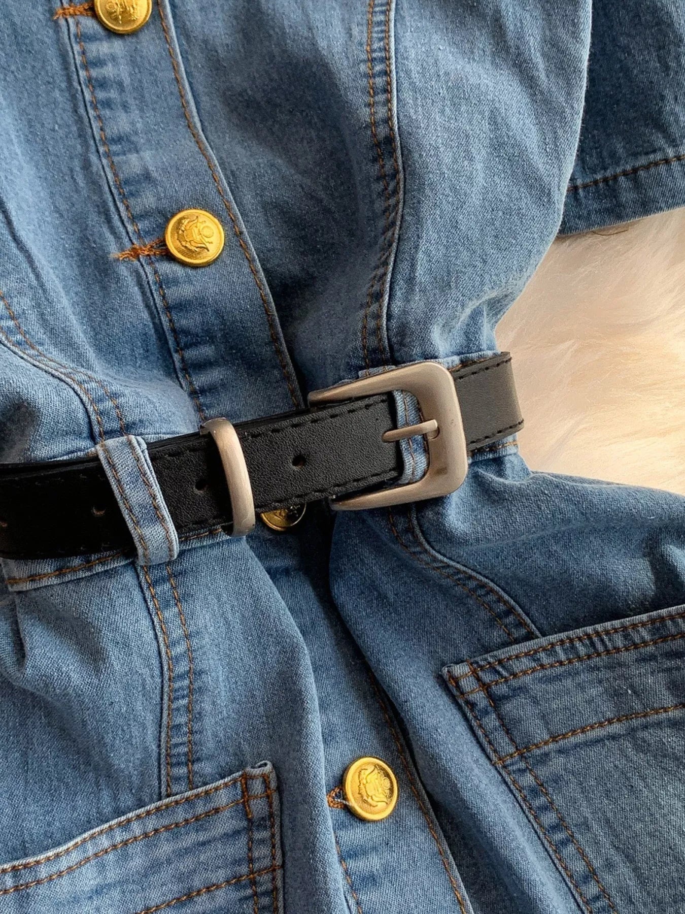 Button Front Short Sleeve Denim Dress