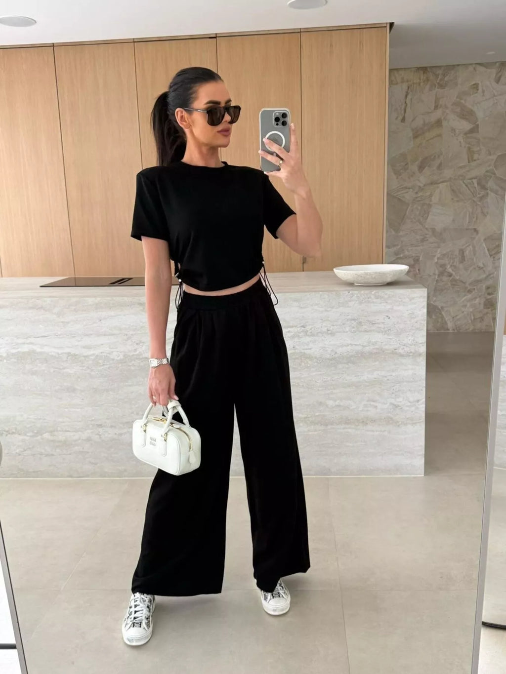 Drawstring Crop Top and Wide-Leg Pants Set