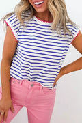 Stripe Contrast Trim Round Neck Cap Sleeve Tee